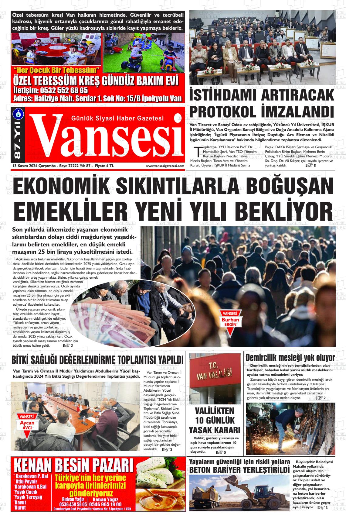 13 Kasım 2024 Vansesi Gazete Manşeti