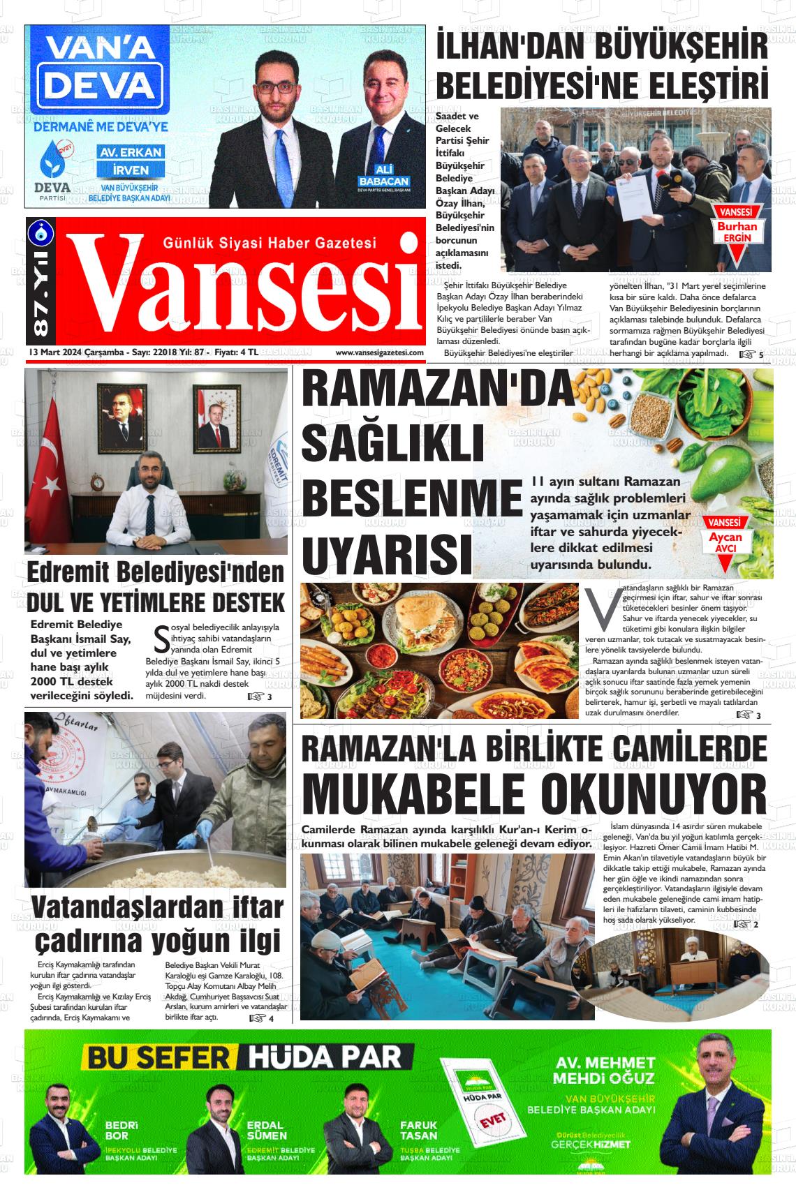 13 Mart 2024 Vansesi Gazete Manşeti