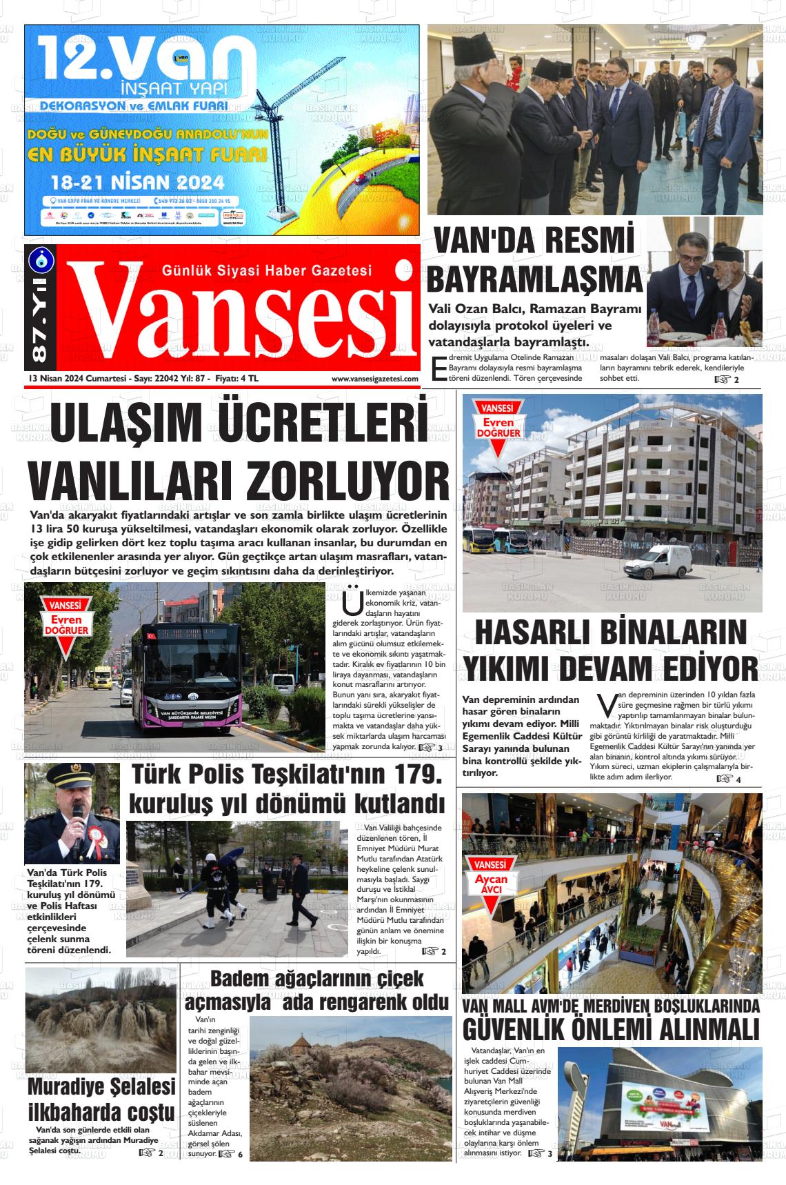 13 Nisan 2024 Vansesi Gazete Manşeti