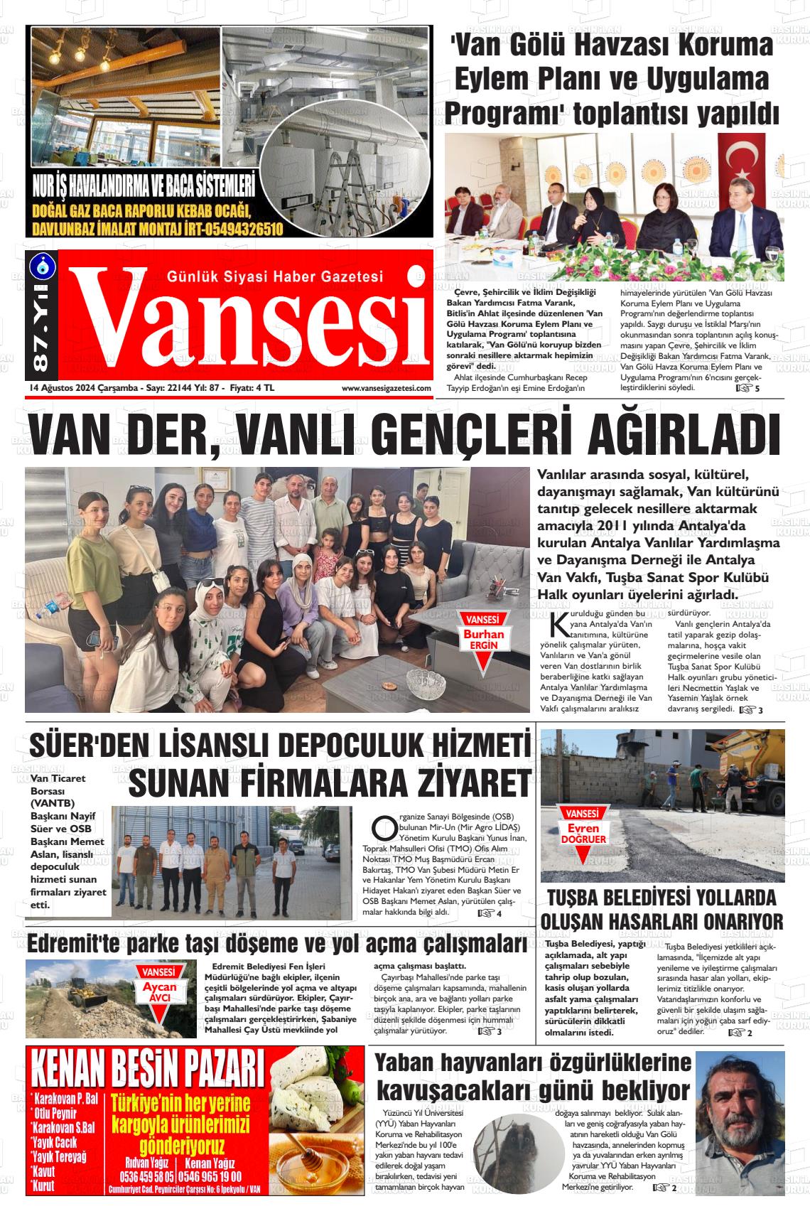 14 Ağustos 2024 Vansesi Gazete Manşeti