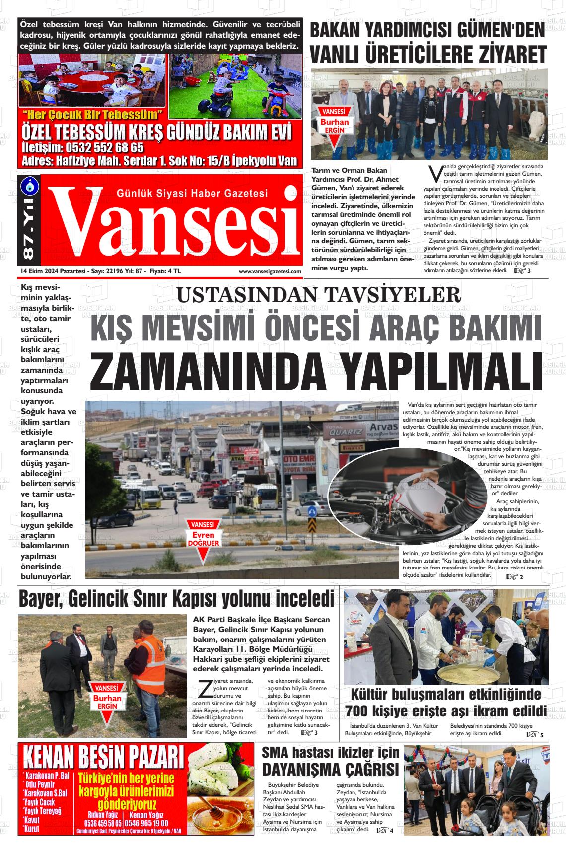 14 Ekim 2024 Vansesi Gazete Manşeti