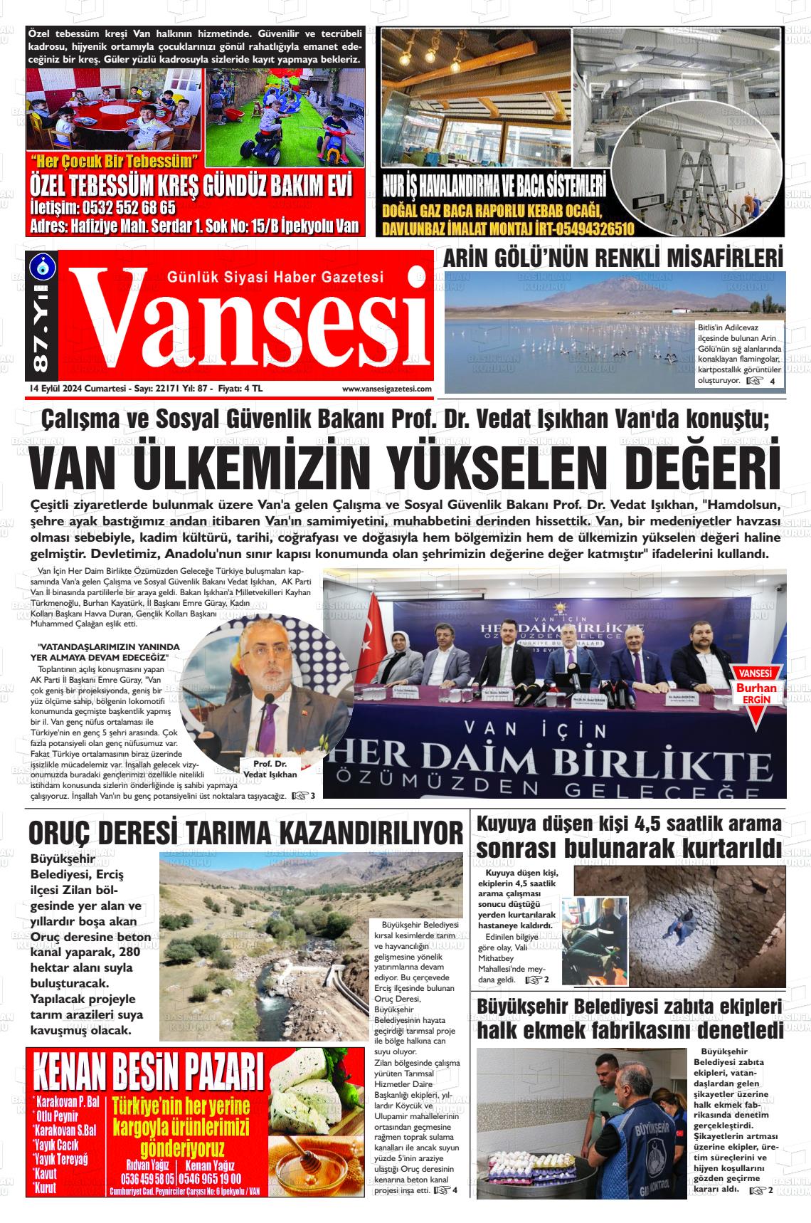 14 Eylül 2024 Vansesi Gazete Manşeti