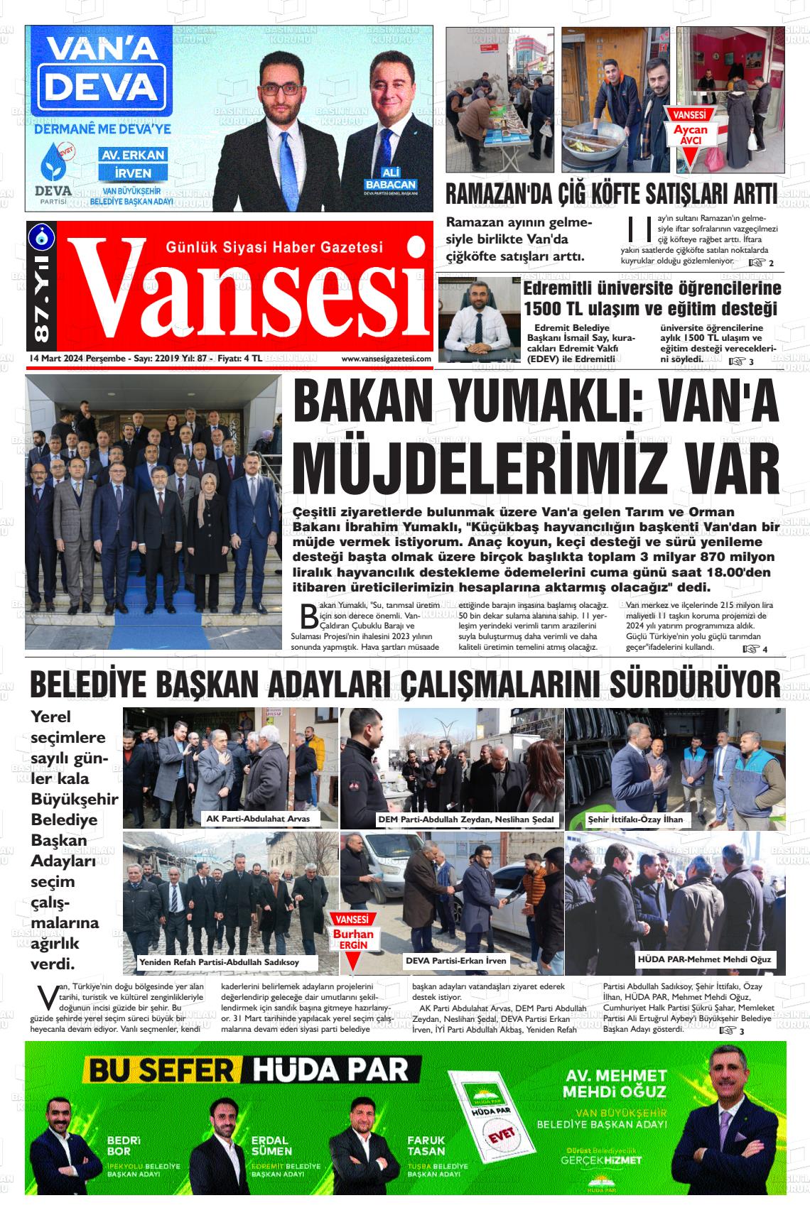 14 Mart 2024 Vansesi Gazete Manşeti