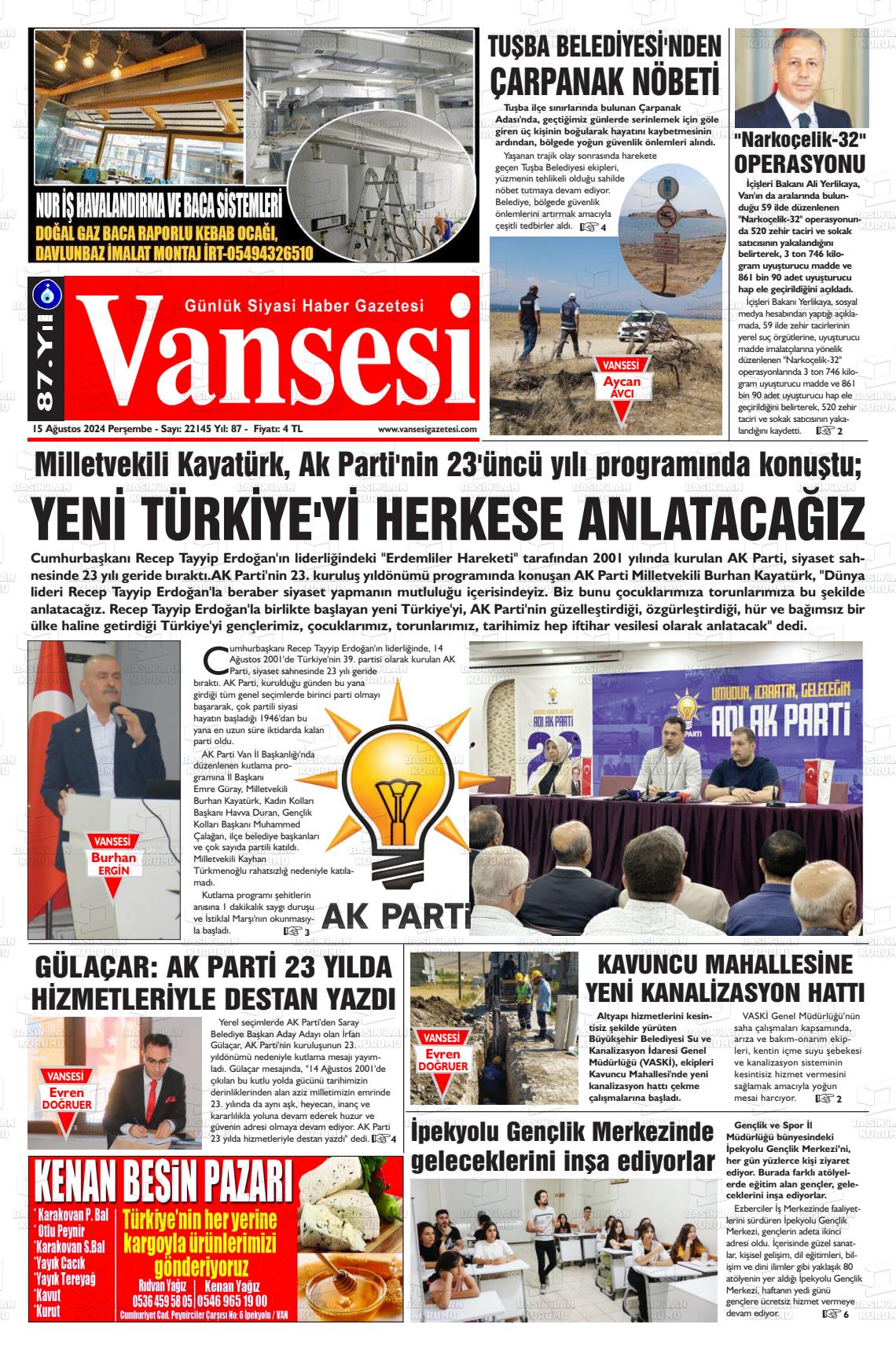 15 Ağustos 2024 Vansesi Gazete Manşeti