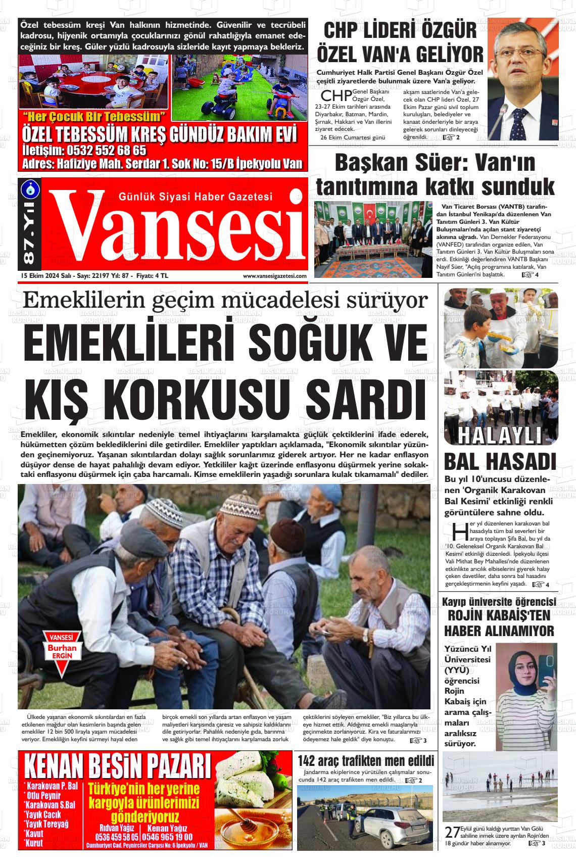 15 Ekim 2024 Vansesi Gazete Manşeti