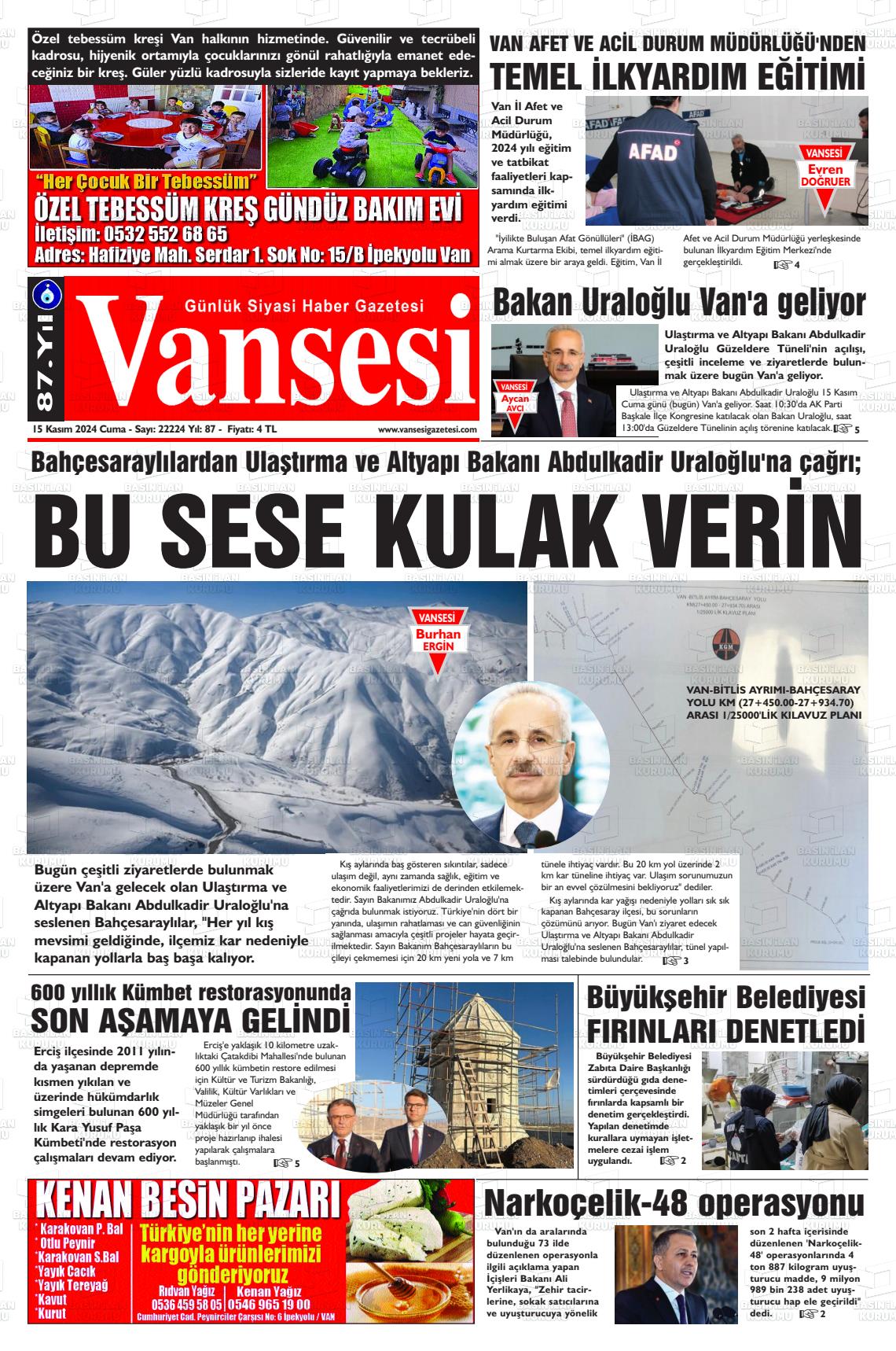 15 Kasım 2024 Vansesi Gazete Manşeti