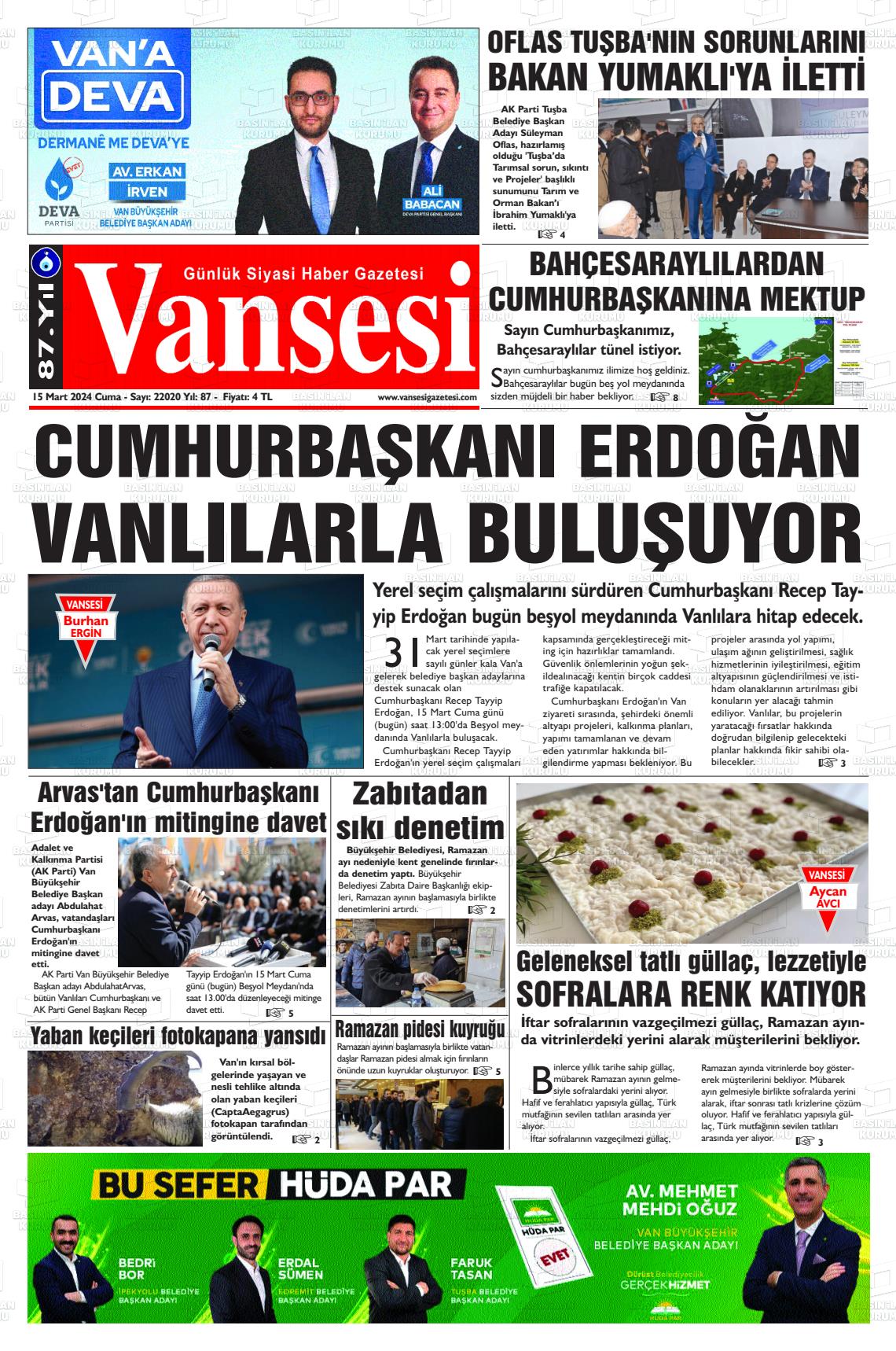 15 Mart 2024 Vansesi Gazete Manşeti