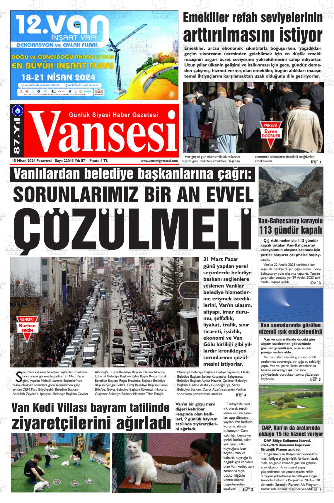 15 Nisan 2024 Vansesi Gazete Manşeti