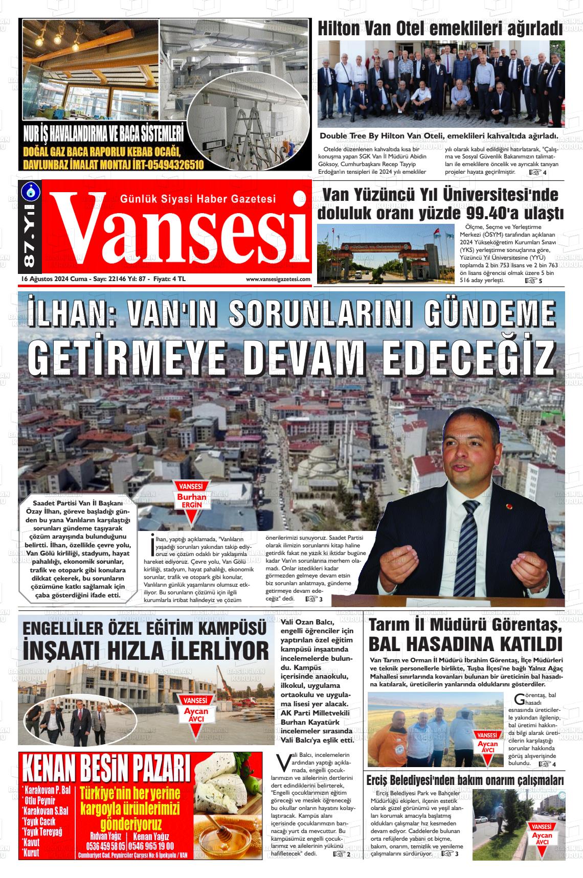 16 Ağustos 2024 Vansesi Gazete Manşeti