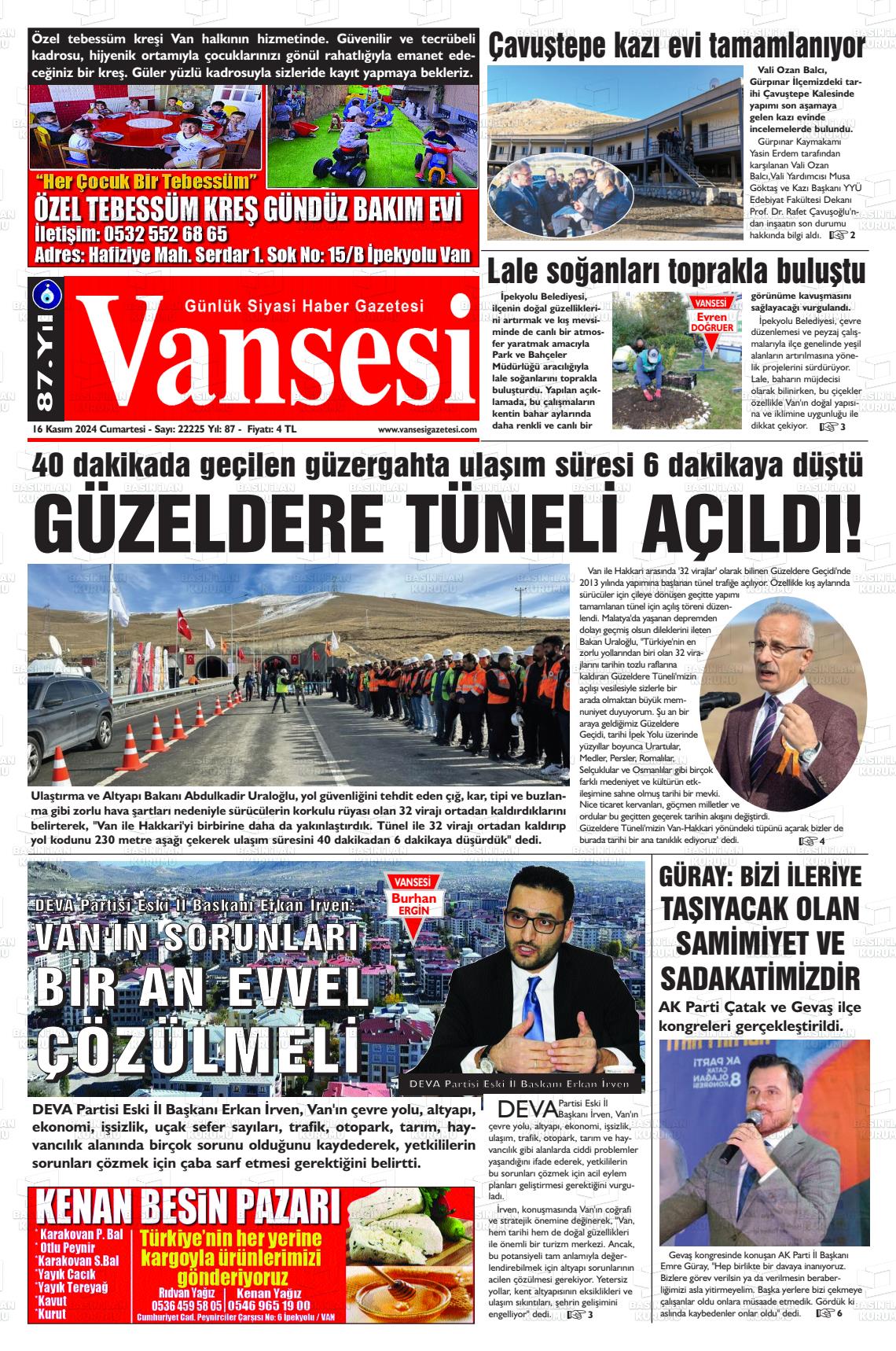 16 Kasım 2024 Vansesi Gazete Manşeti