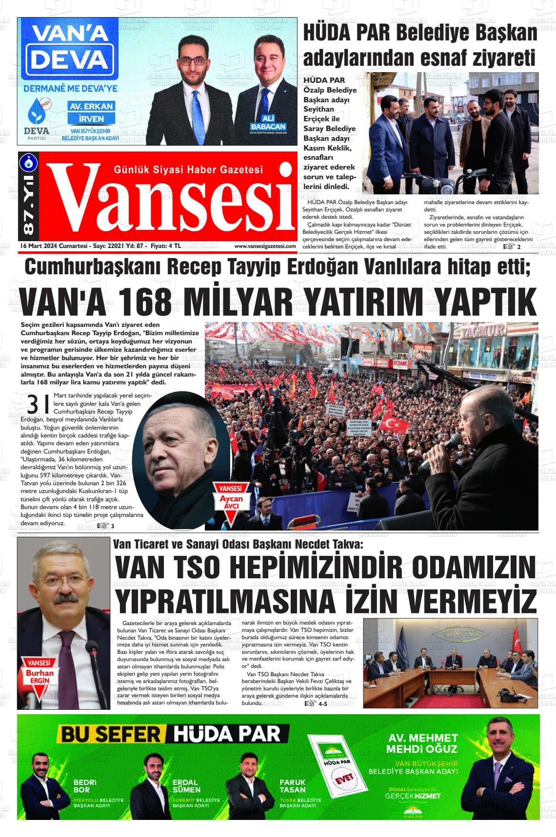 16 Mart 2024 Vansesi Gazete Manşeti