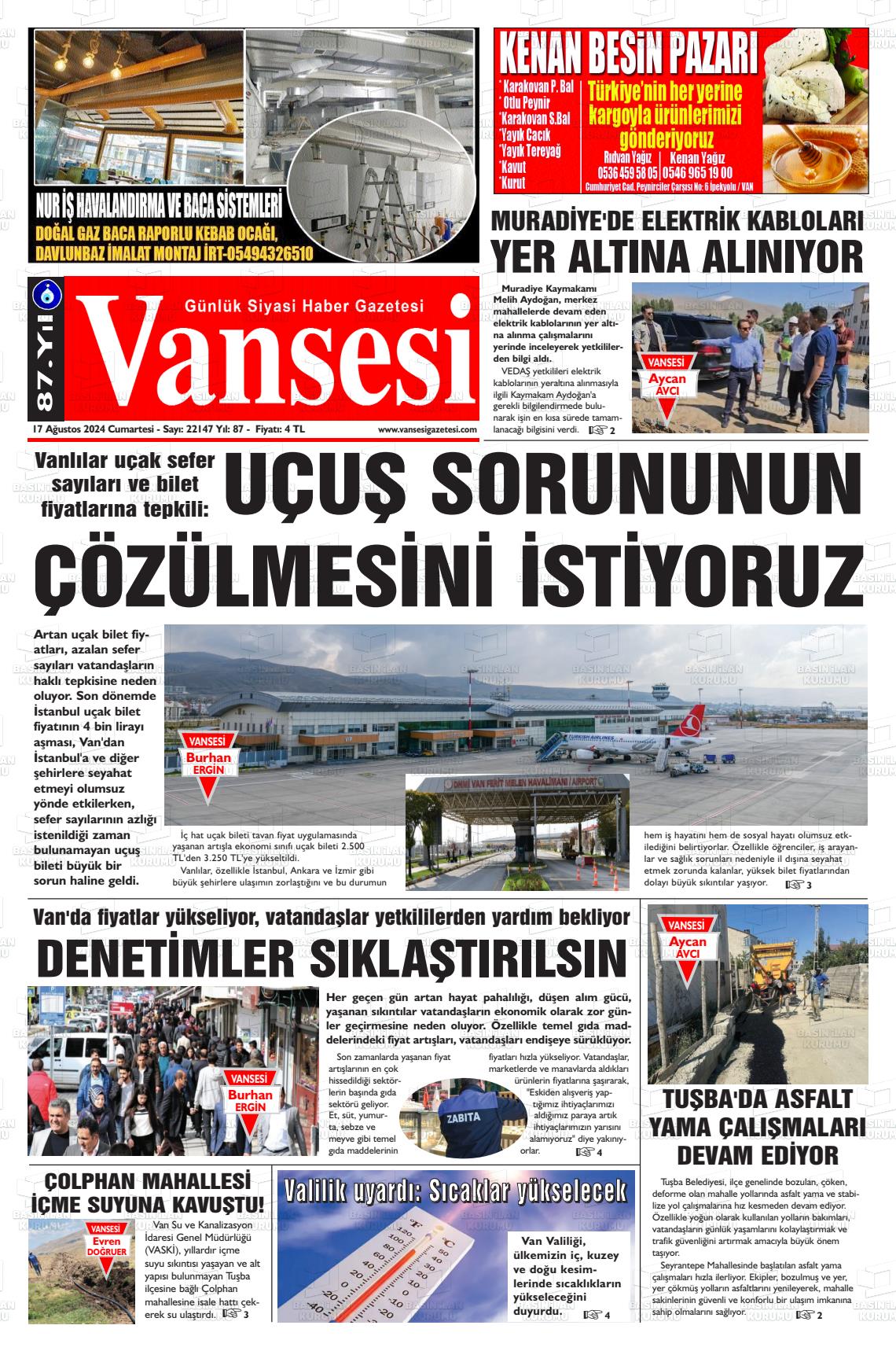 17 Ağustos 2024 Vansesi Gazete Manşeti