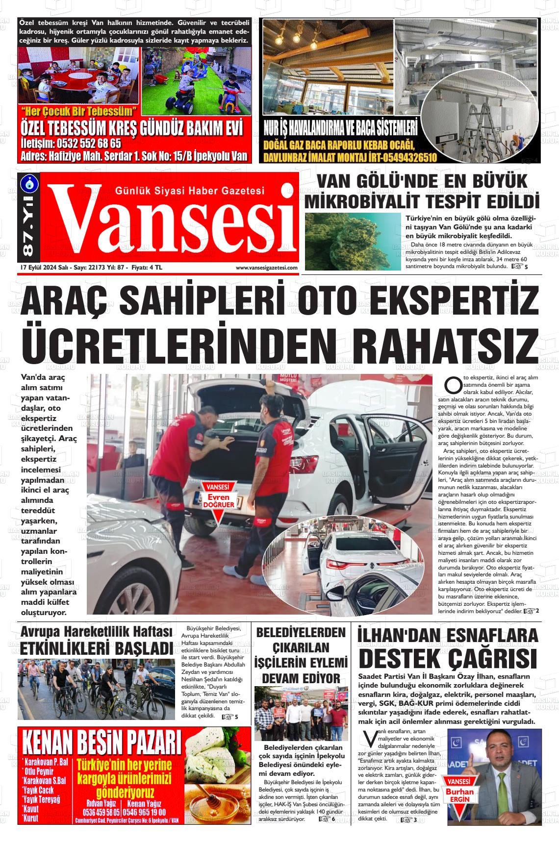 17 Eylül 2024 Vansesi Gazete Manşeti