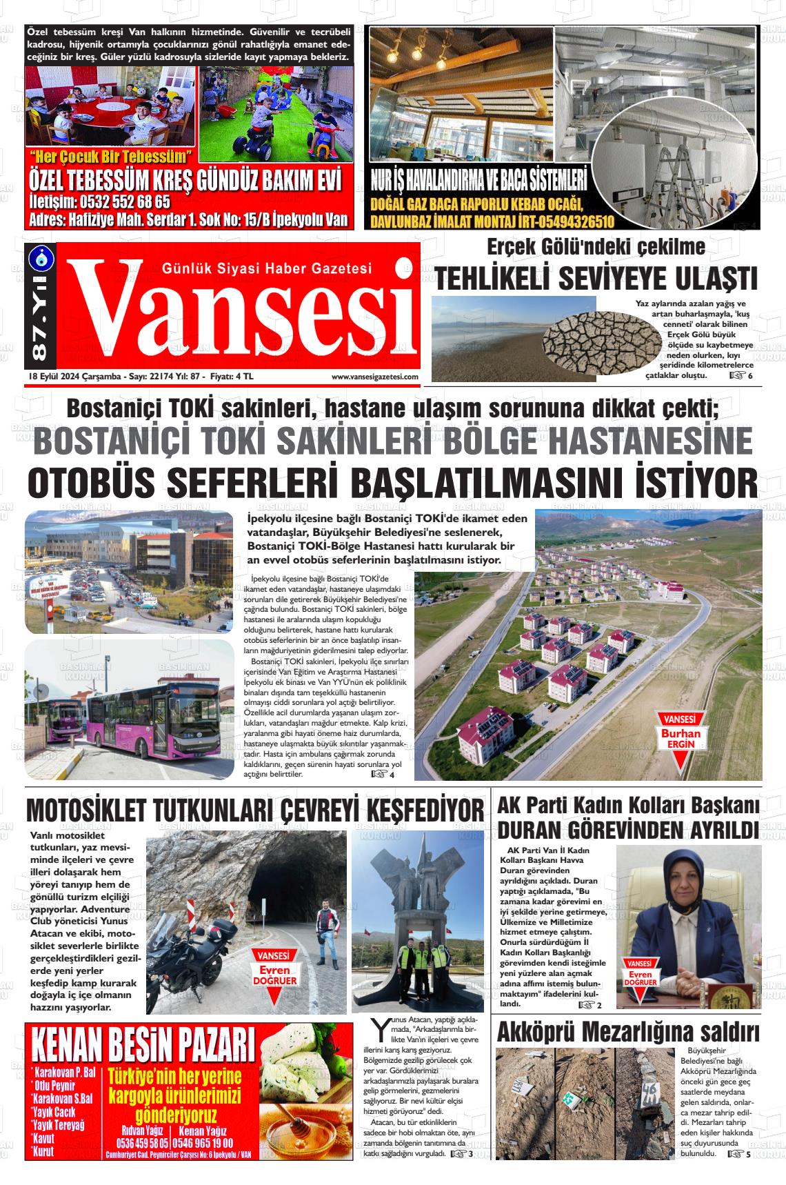 18 Eylül 2024 Vansesi Gazete Manşeti