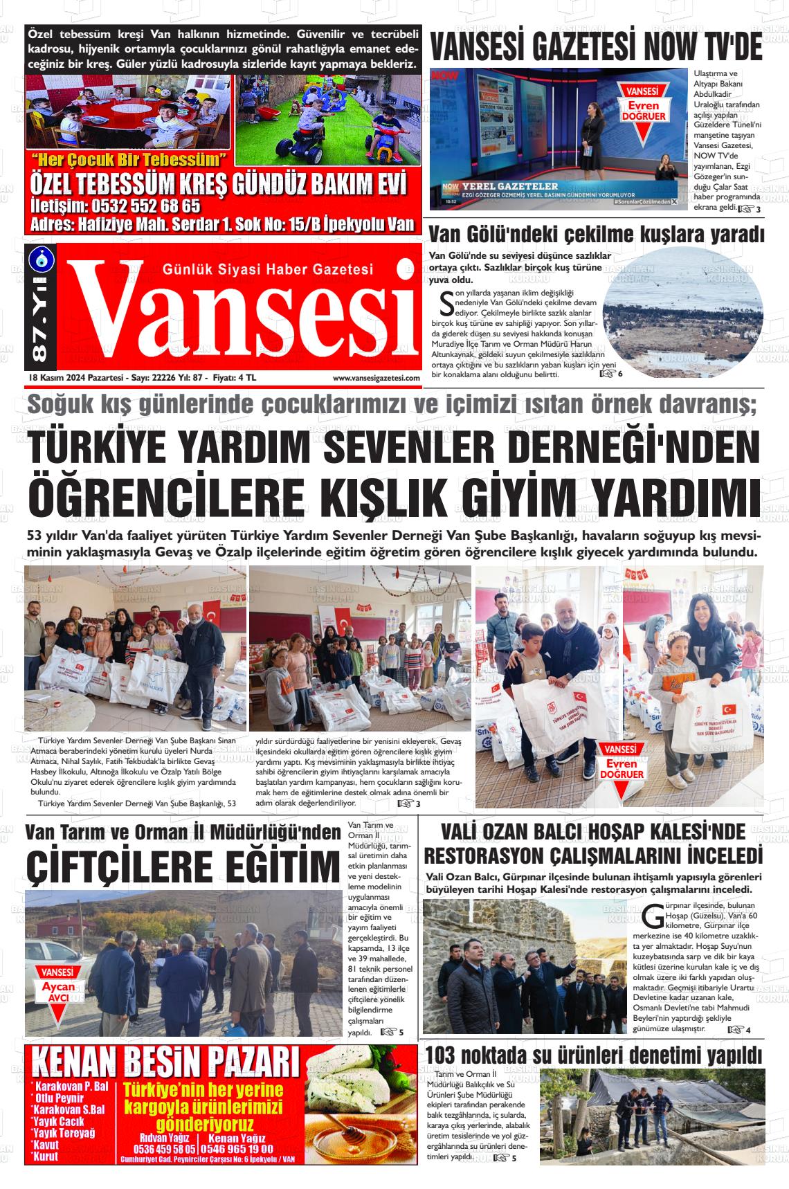 18 Kasım 2024 Vansesi Gazete Manşeti