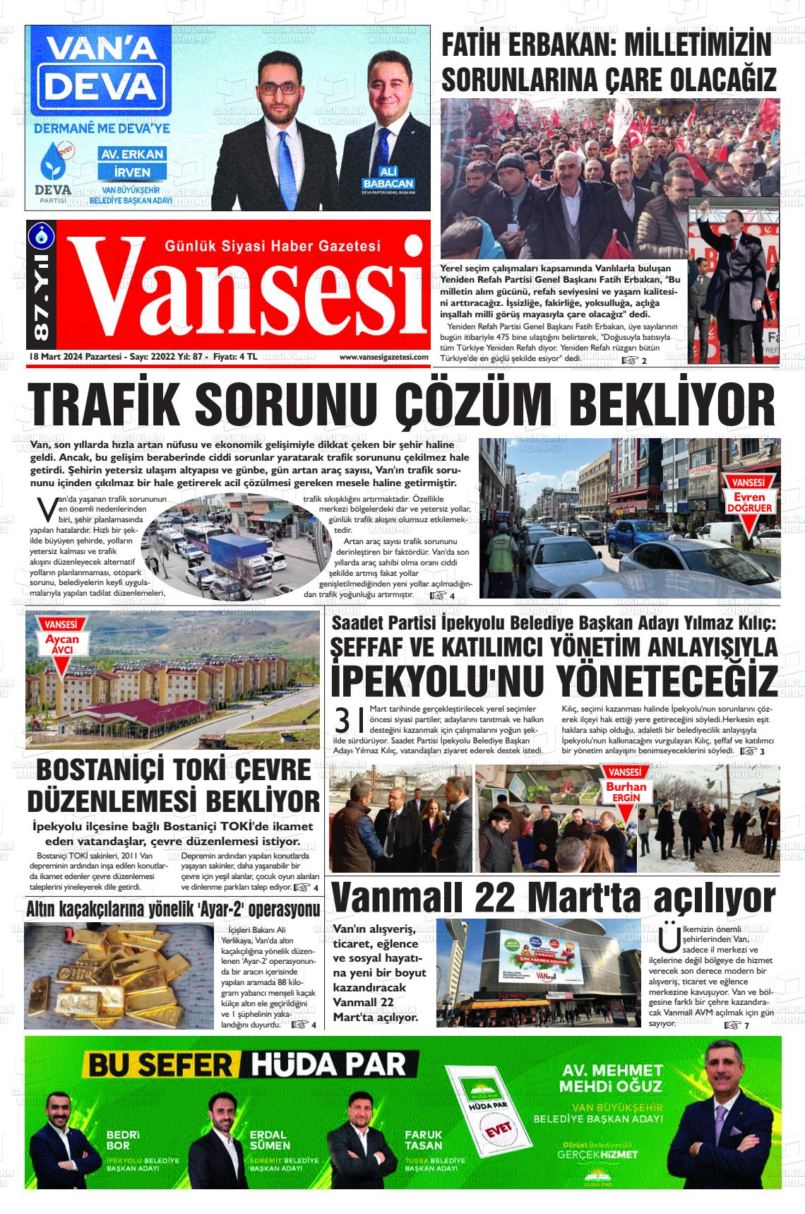 18 Mart 2024 Vansesi Gazete Manşeti