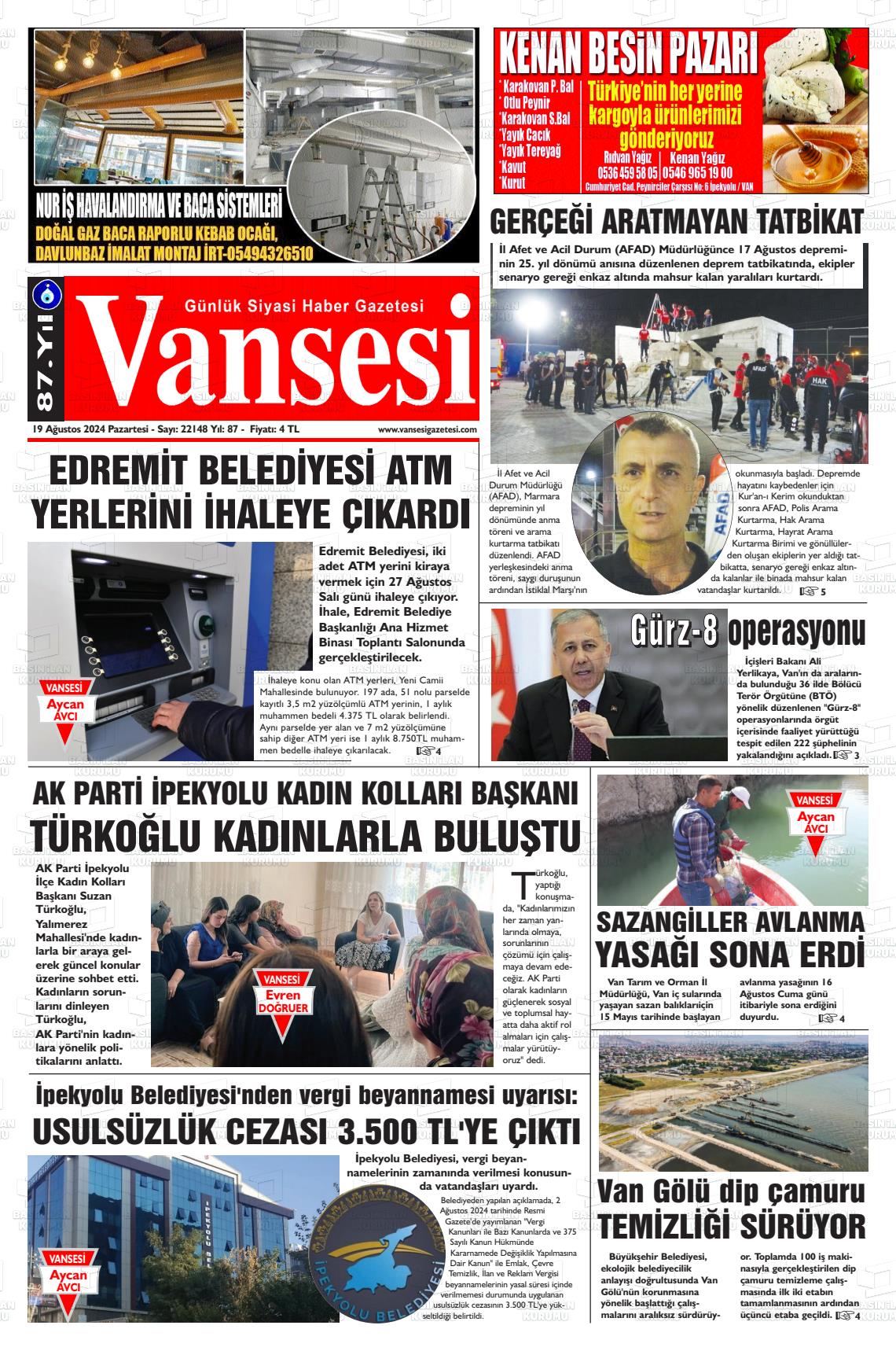 19 Ağustos 2024 Vansesi Gazete Manşeti