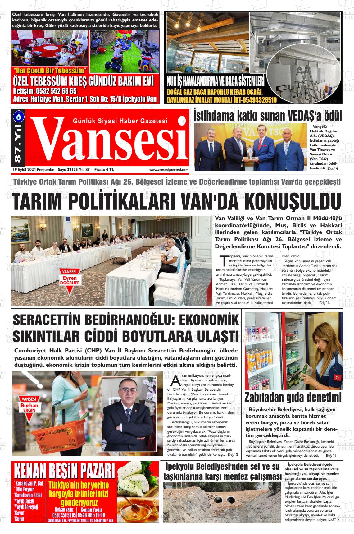 19 Eylül 2024 Vansesi Gazete Manşeti