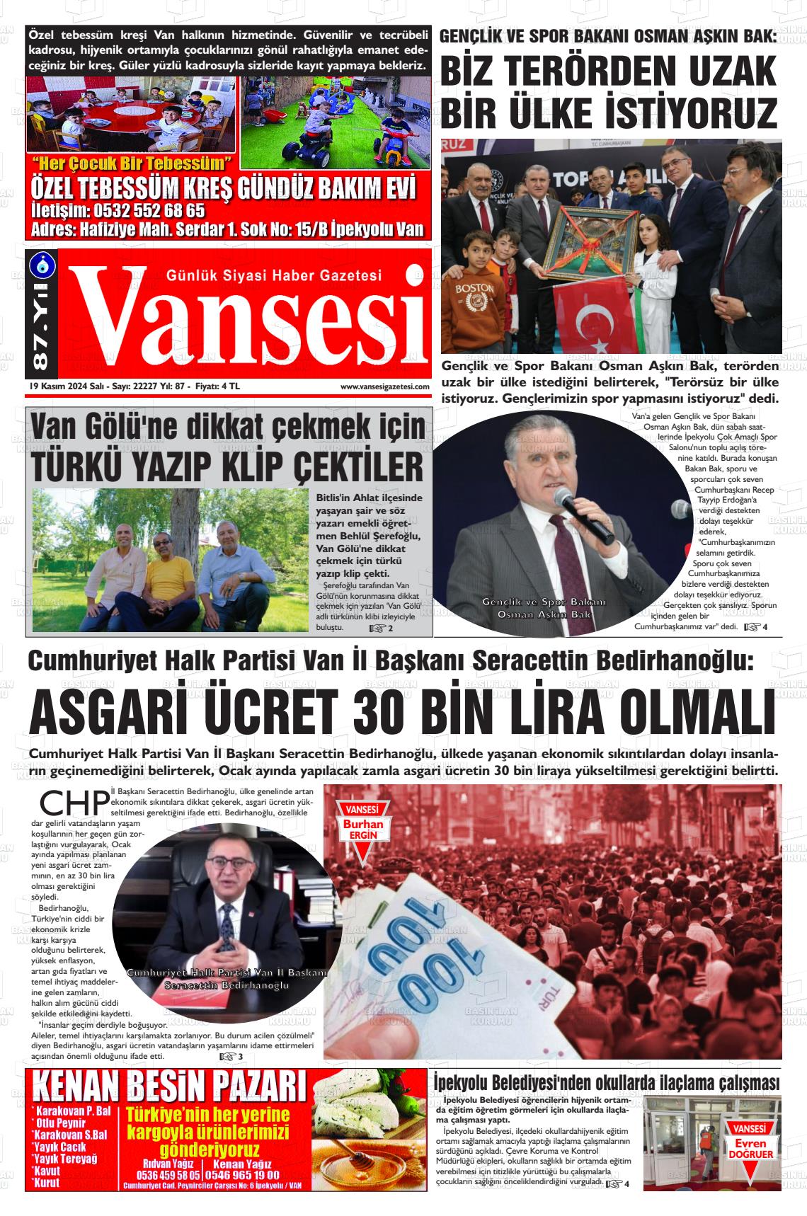 19 Kasım 2024 Vansesi Gazete Manşeti