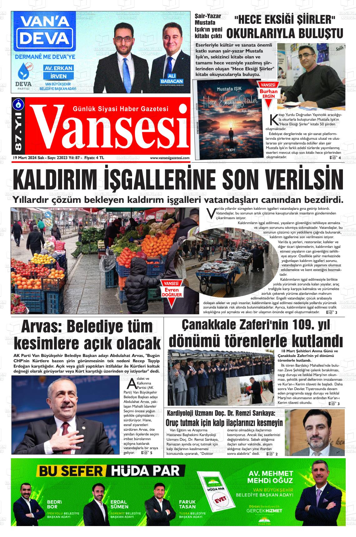 19 Mart 2024 Vansesi Gazete Manşeti