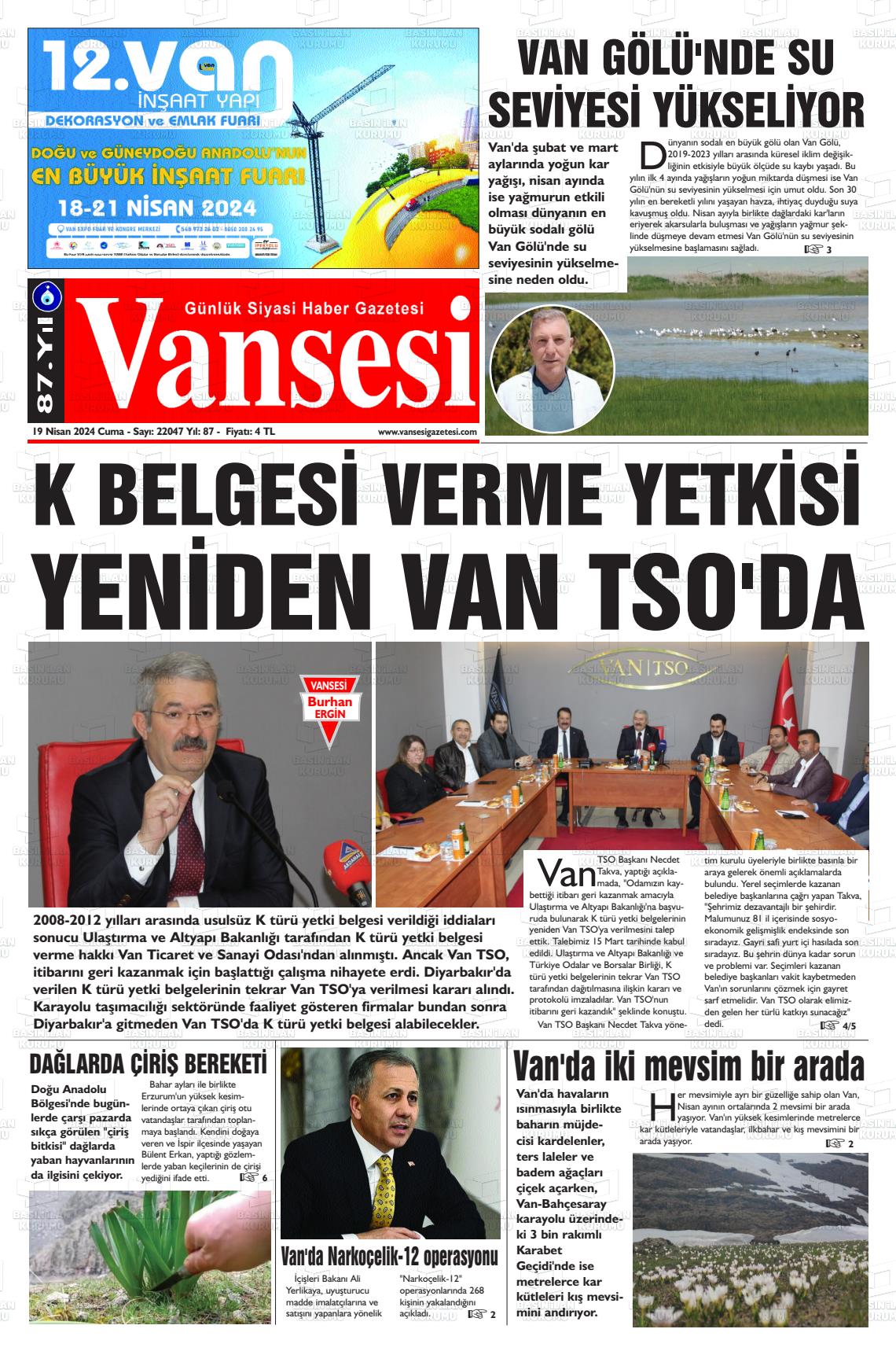 19 Nisan 2024 Vansesi Gazete Manşeti