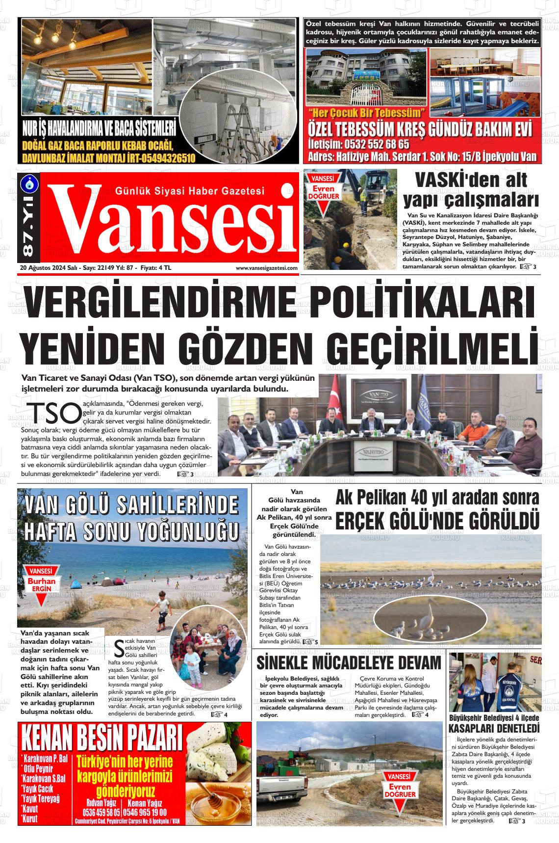 20 Ağustos 2024 Vansesi Gazete Manşeti