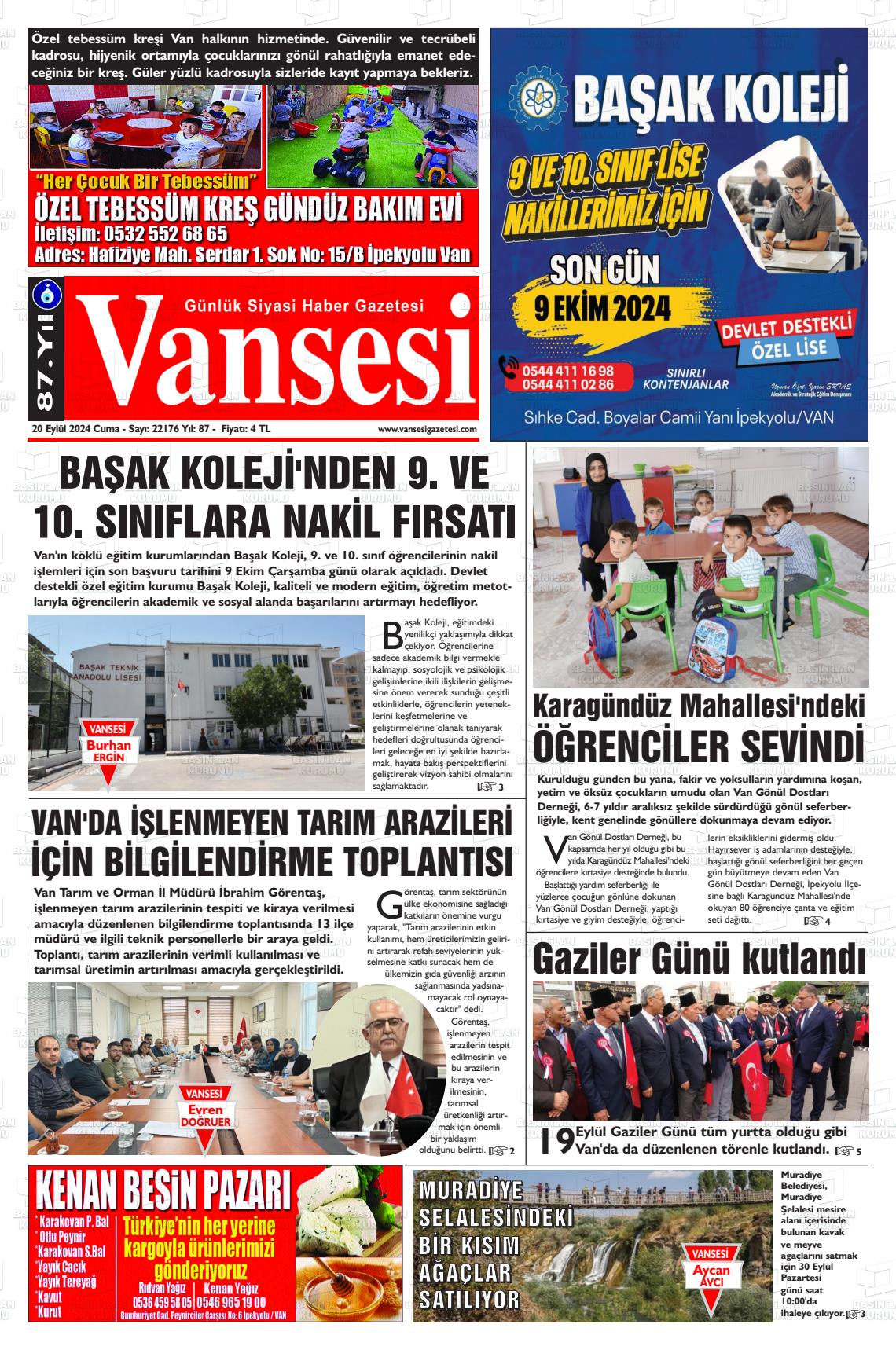 20 Eylül 2024 Vansesi Gazete Manşeti