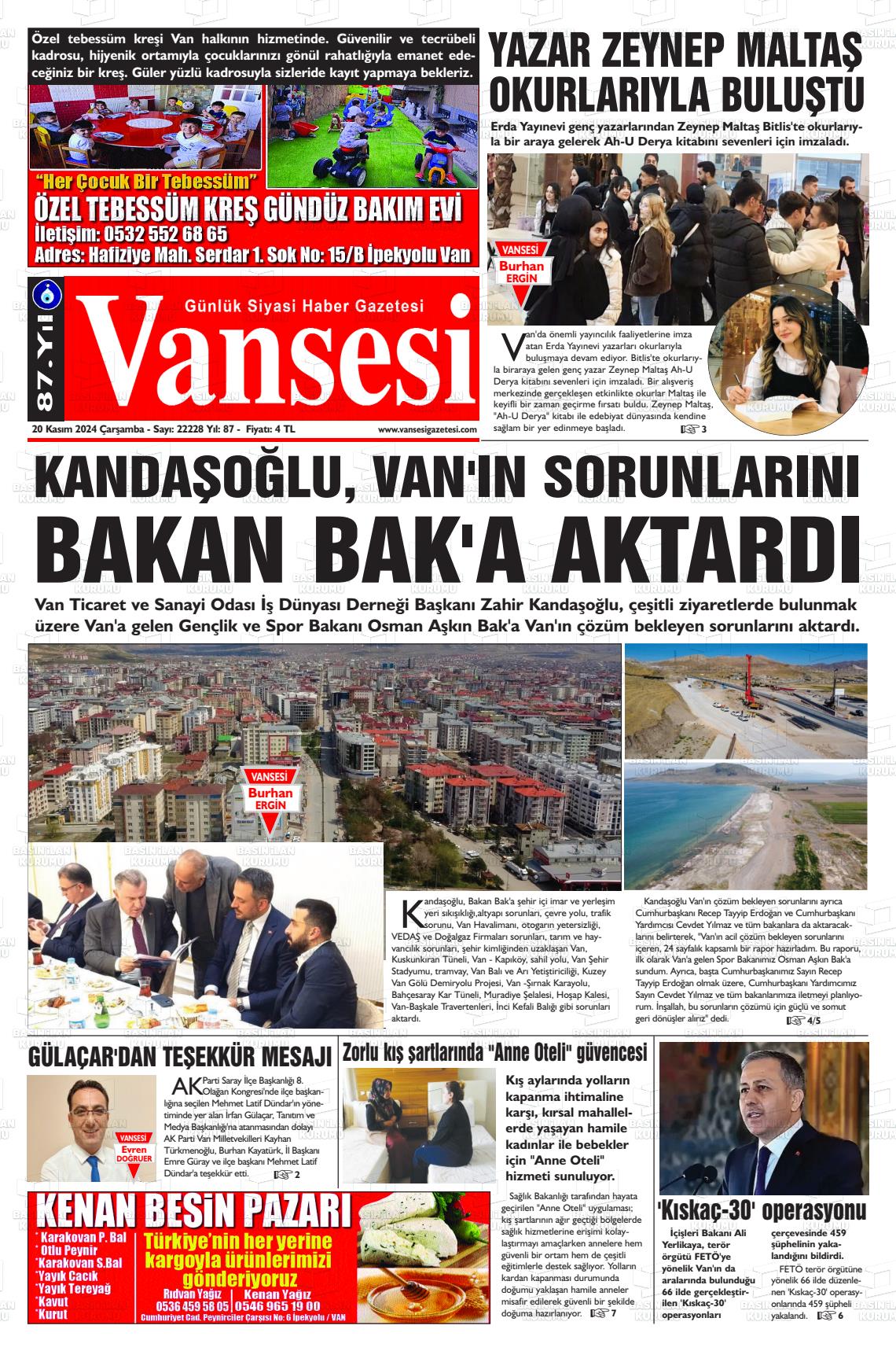 20 Kasım 2024 Vansesi Gazete Manşeti