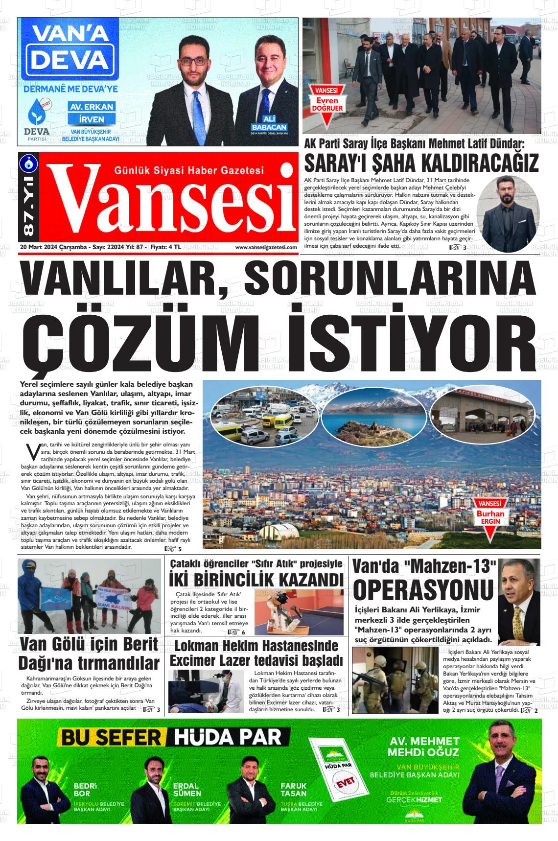 20 Mart 2024 Vansesi Gazete Manşeti