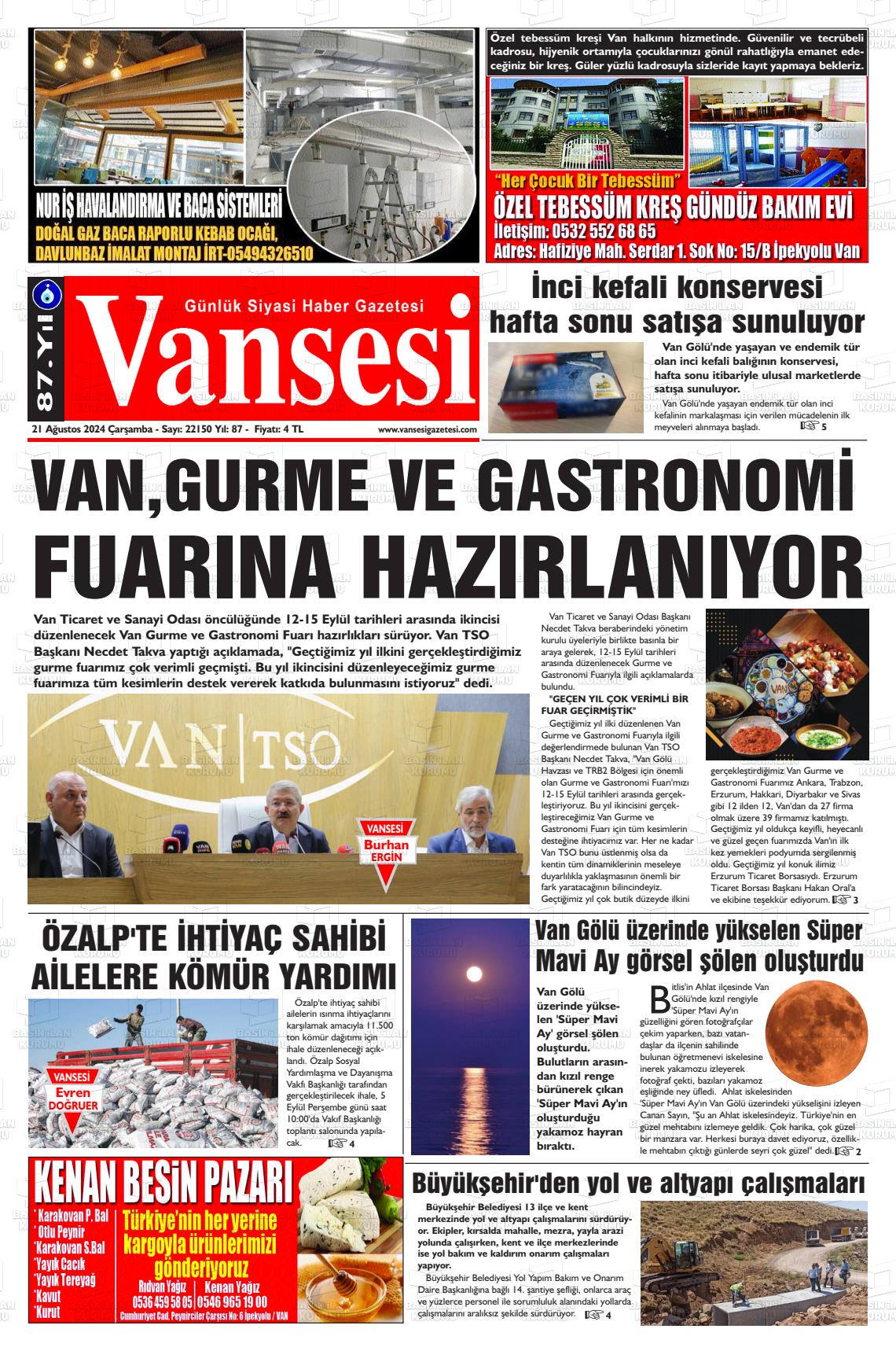 21 Ağustos 2024 Vansesi Gazete Manşeti