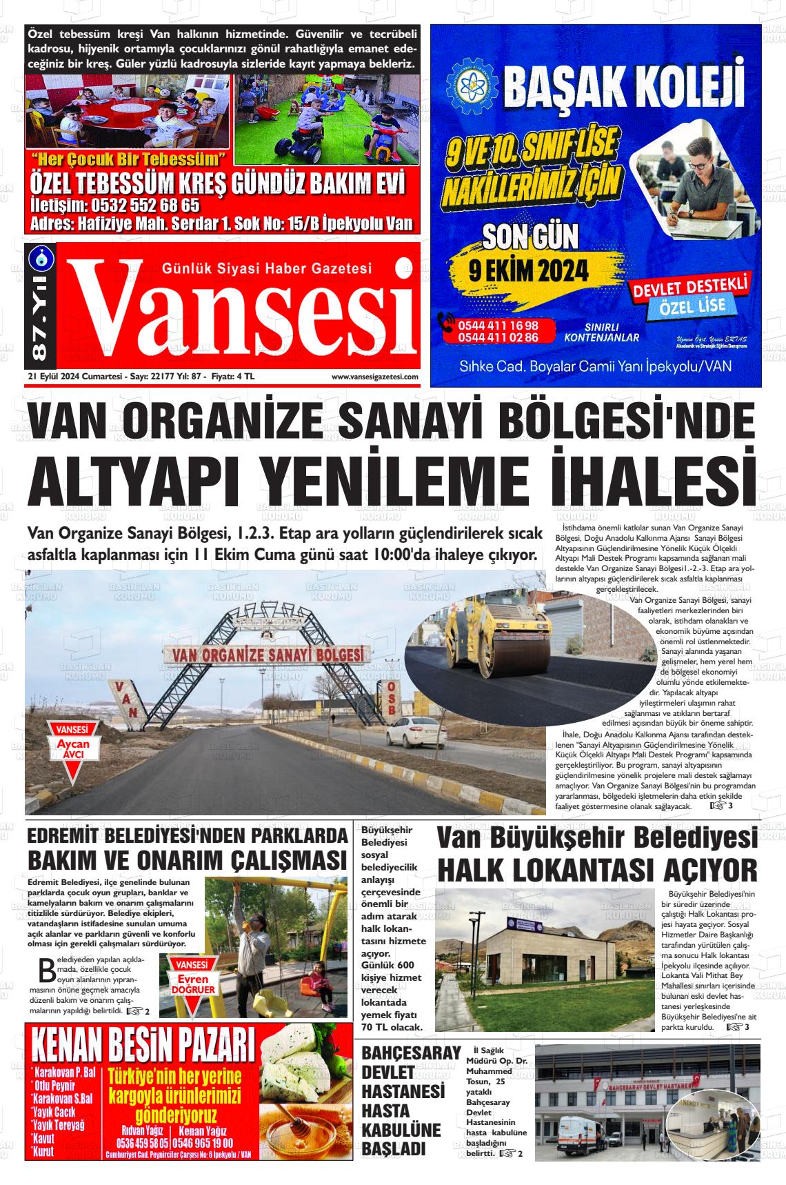 21 Eylül 2024 Vansesi Gazete Manşeti