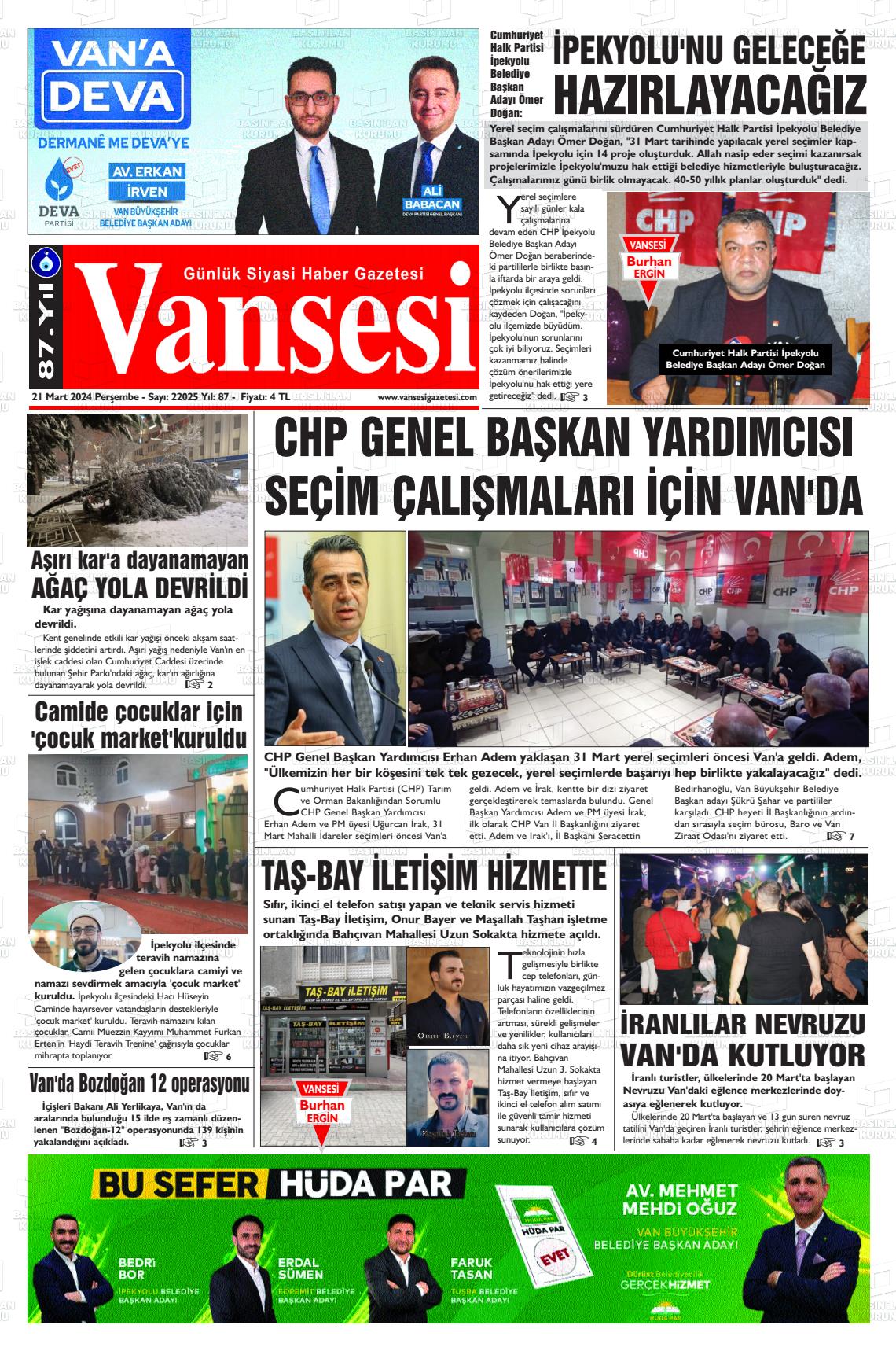 21 Mart 2024 Vansesi Gazete Manşeti