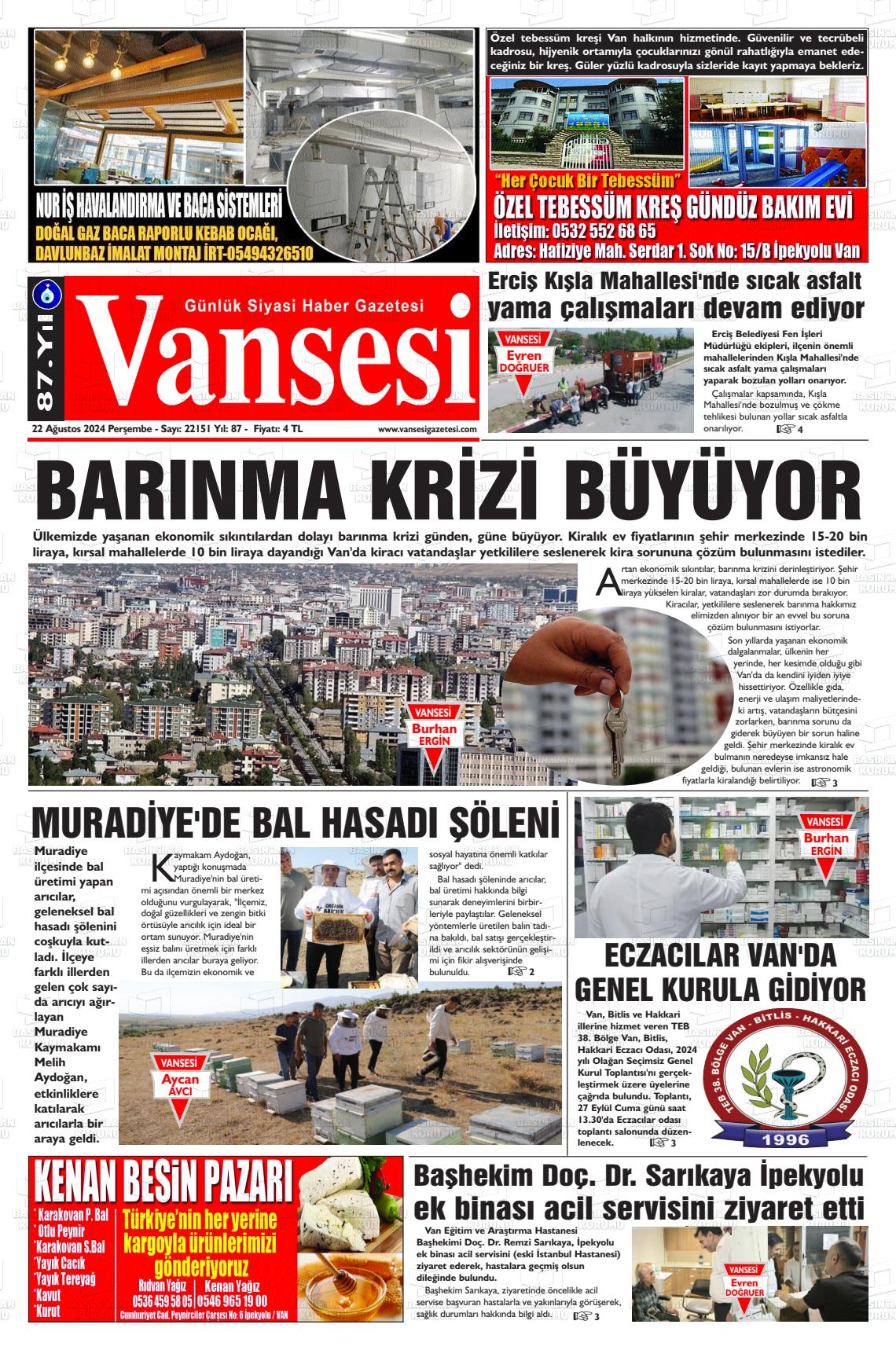 22 Ağustos 2024 Vansesi Gazete Manşeti