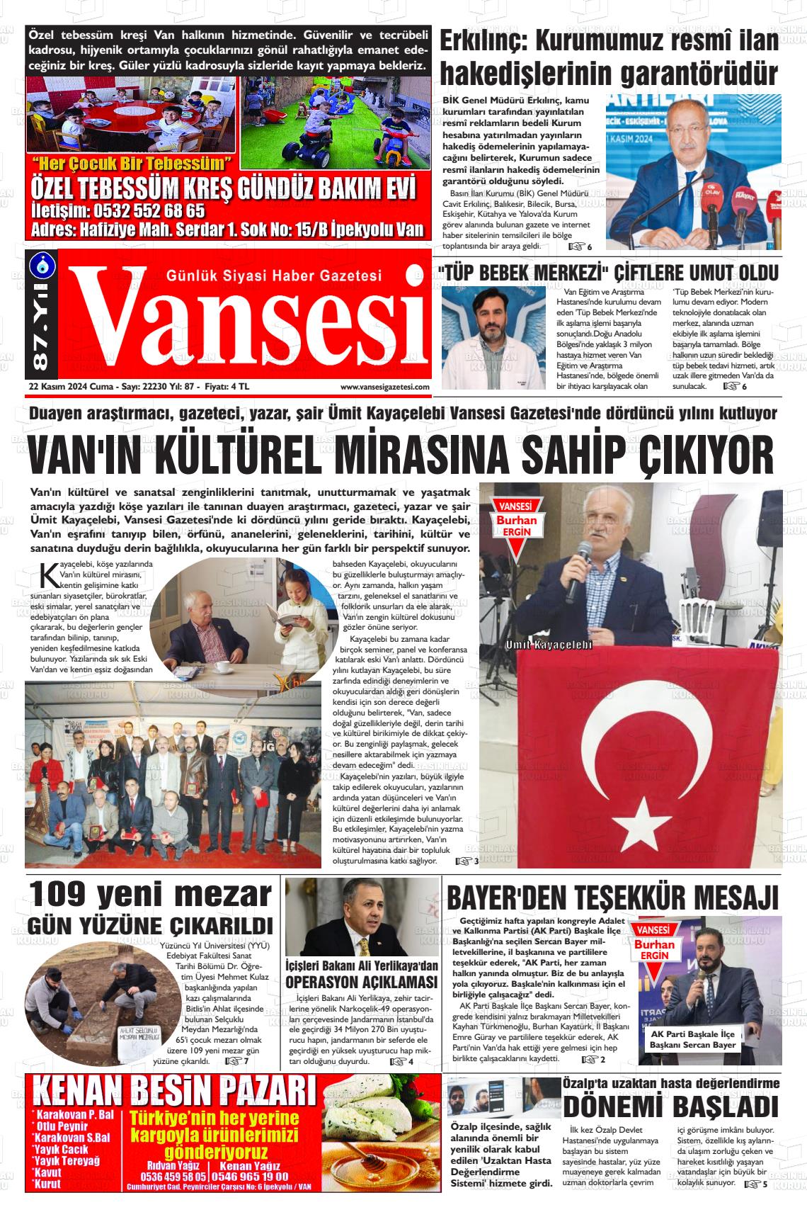 22 Kasım 2024 Vansesi Gazete Manşeti