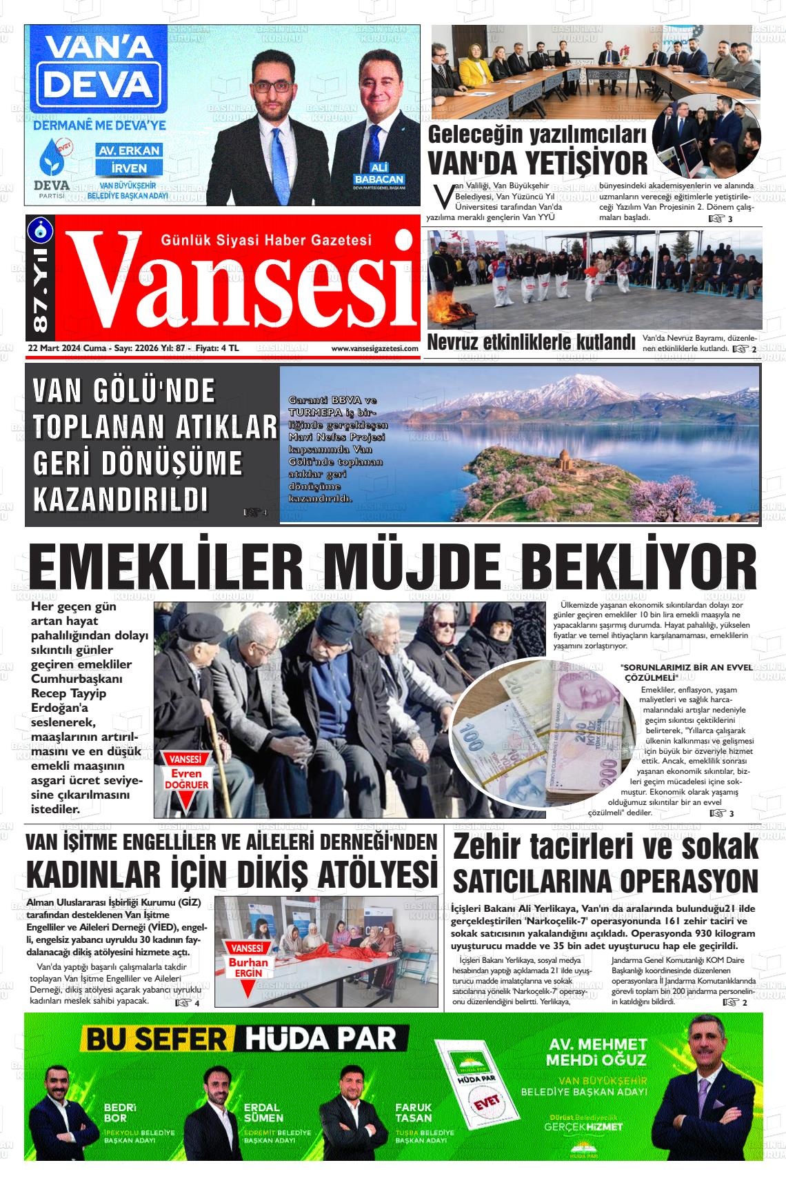 22 Mart 2024 Vansesi Gazete Manşeti