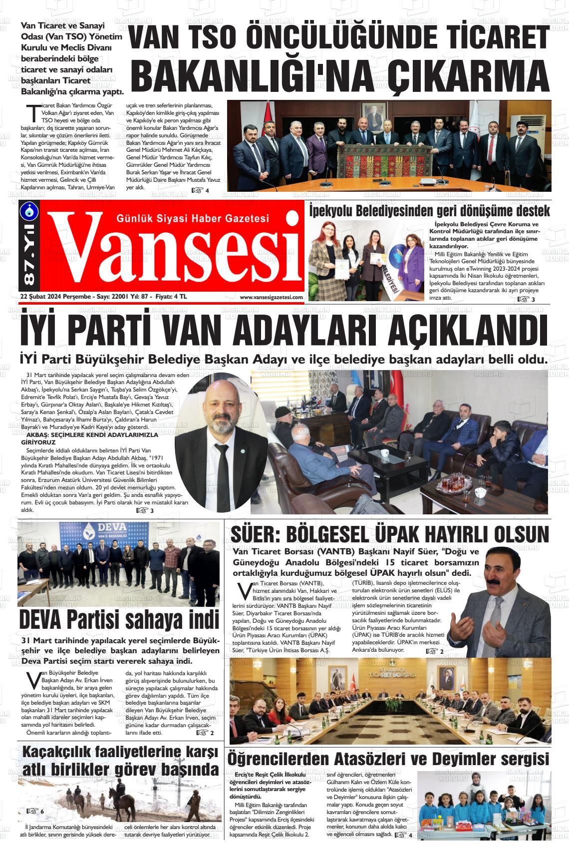 22 Şubat 2024 Vansesi Gazete Manşeti