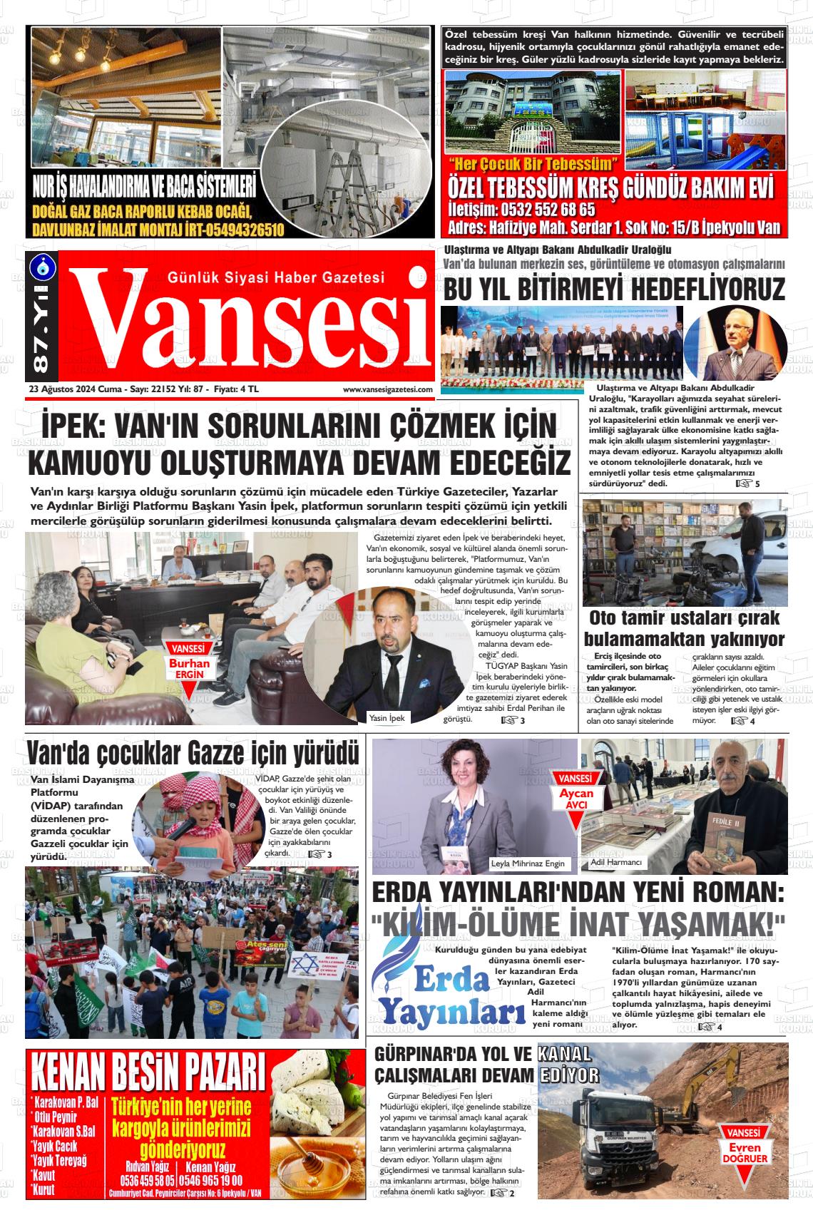 23 Ağustos 2024 Vansesi Gazete Manşeti