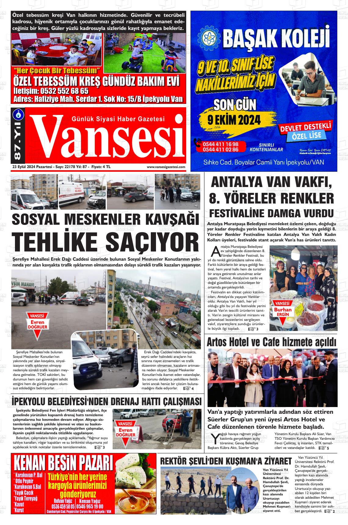 23 Eylül 2024 Vansesi Gazete Manşeti