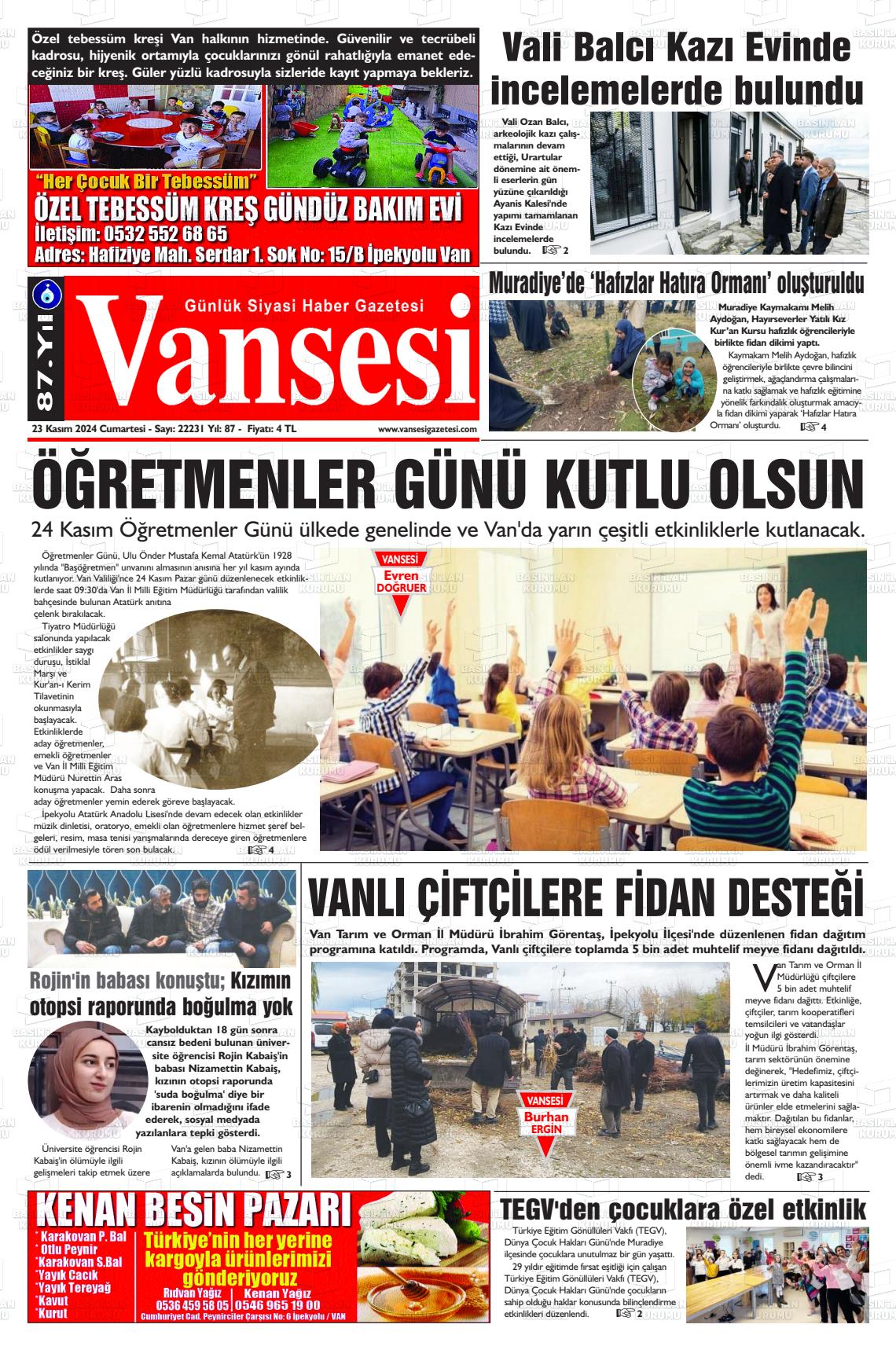 23 Kasım 2024 Vansesi Gazete Manşeti