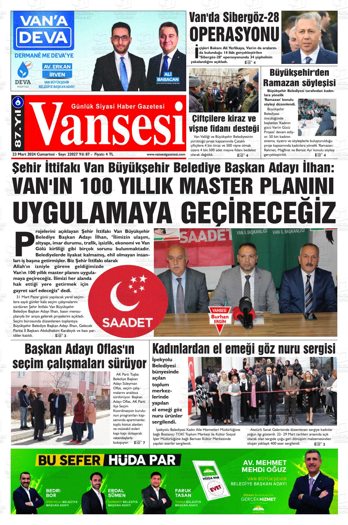 23 Mart 2024 Vansesi Gazete Manşeti