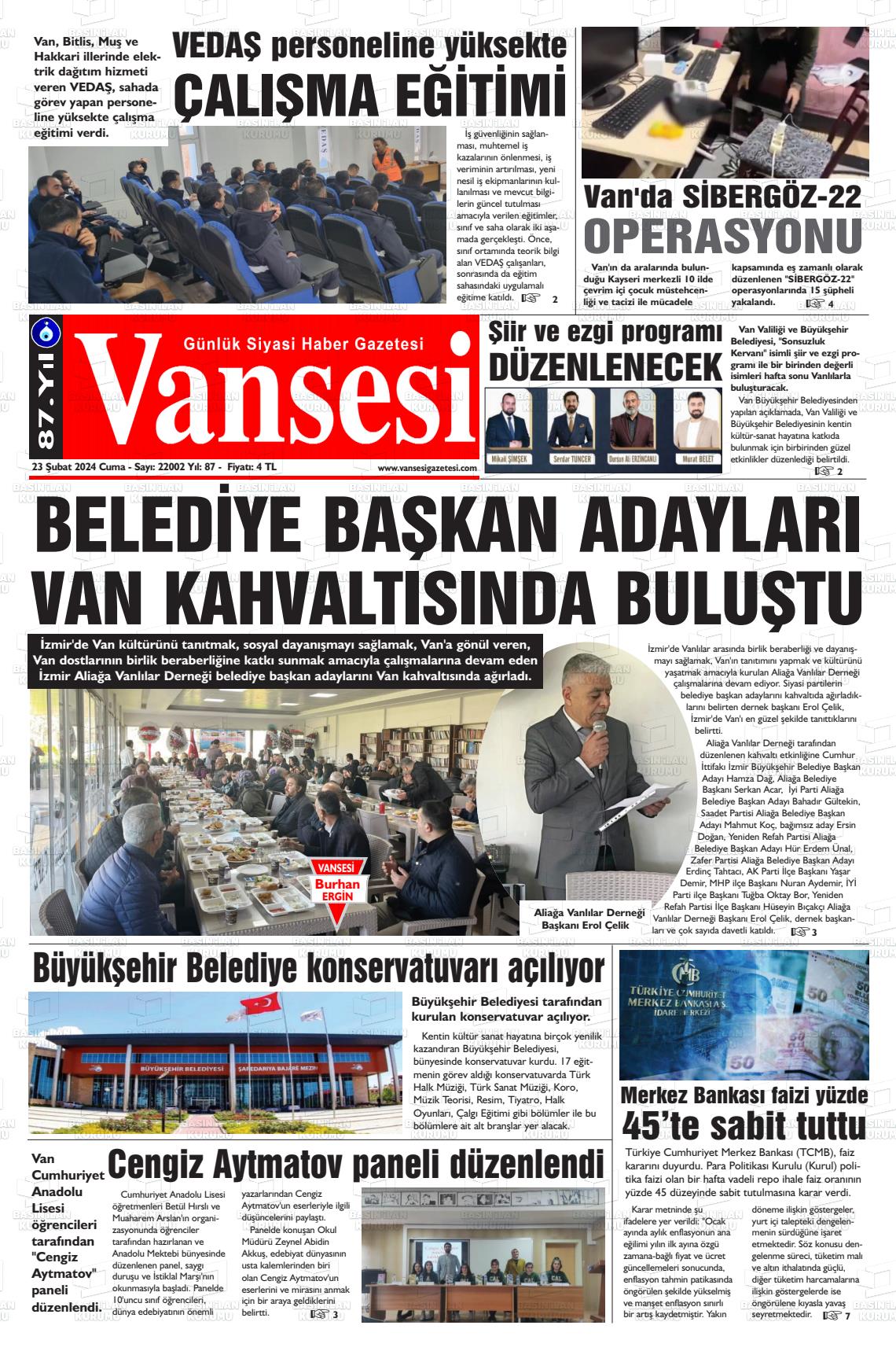 23 Şubat 2024 Vansesi Gazete Manşeti