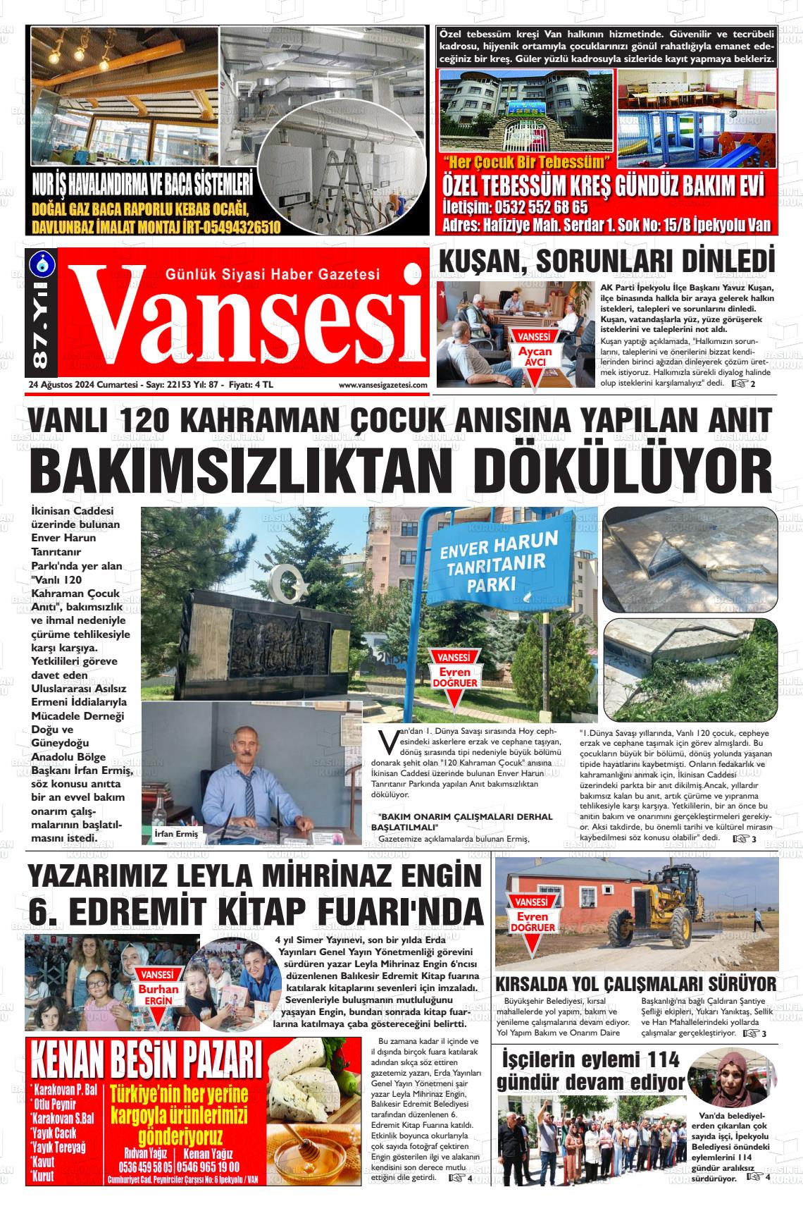 24 Ağustos 2024 Vansesi Gazete Manşeti