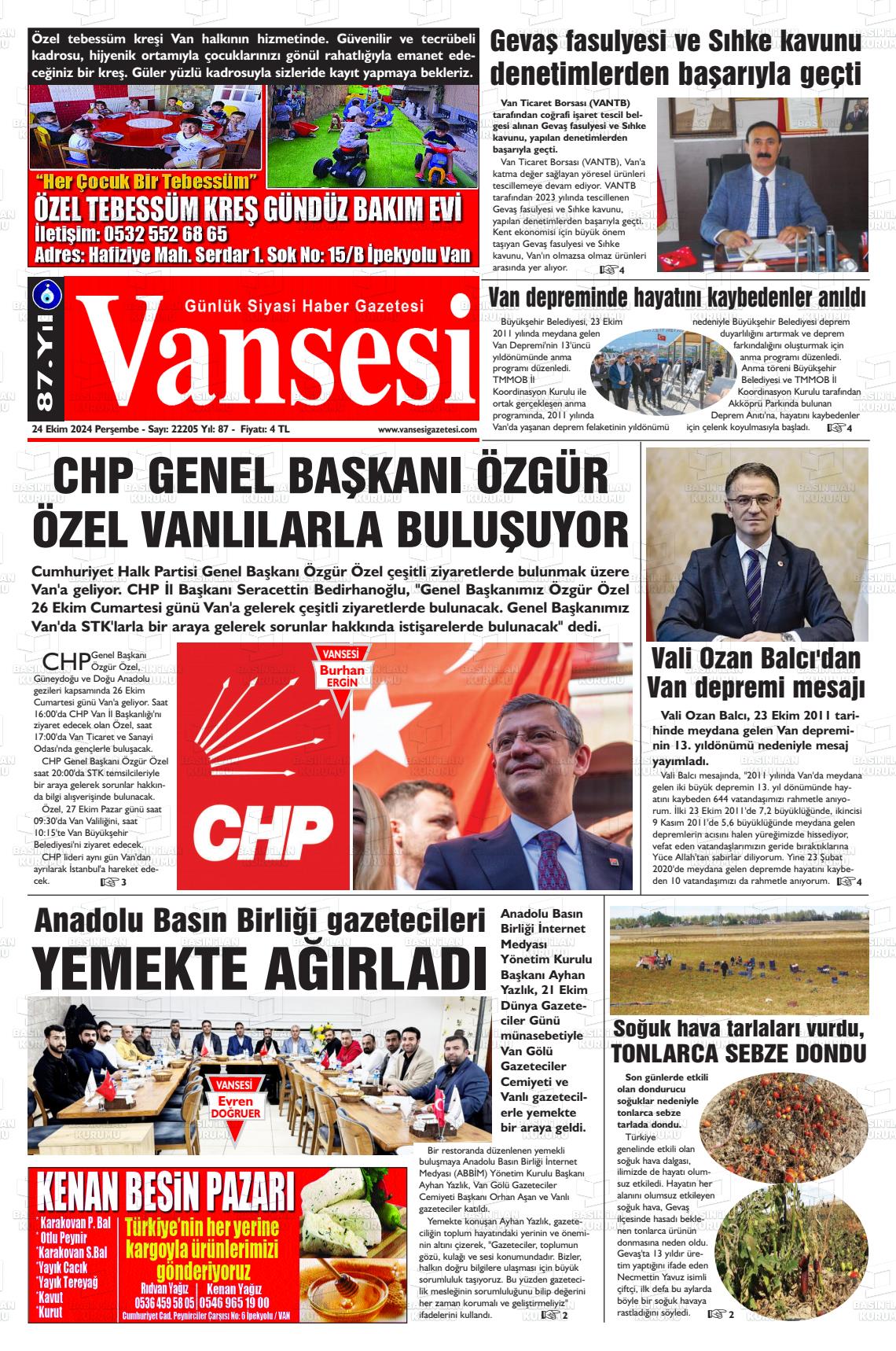 24 Ekim 2024 Vansesi Gazete Manşeti