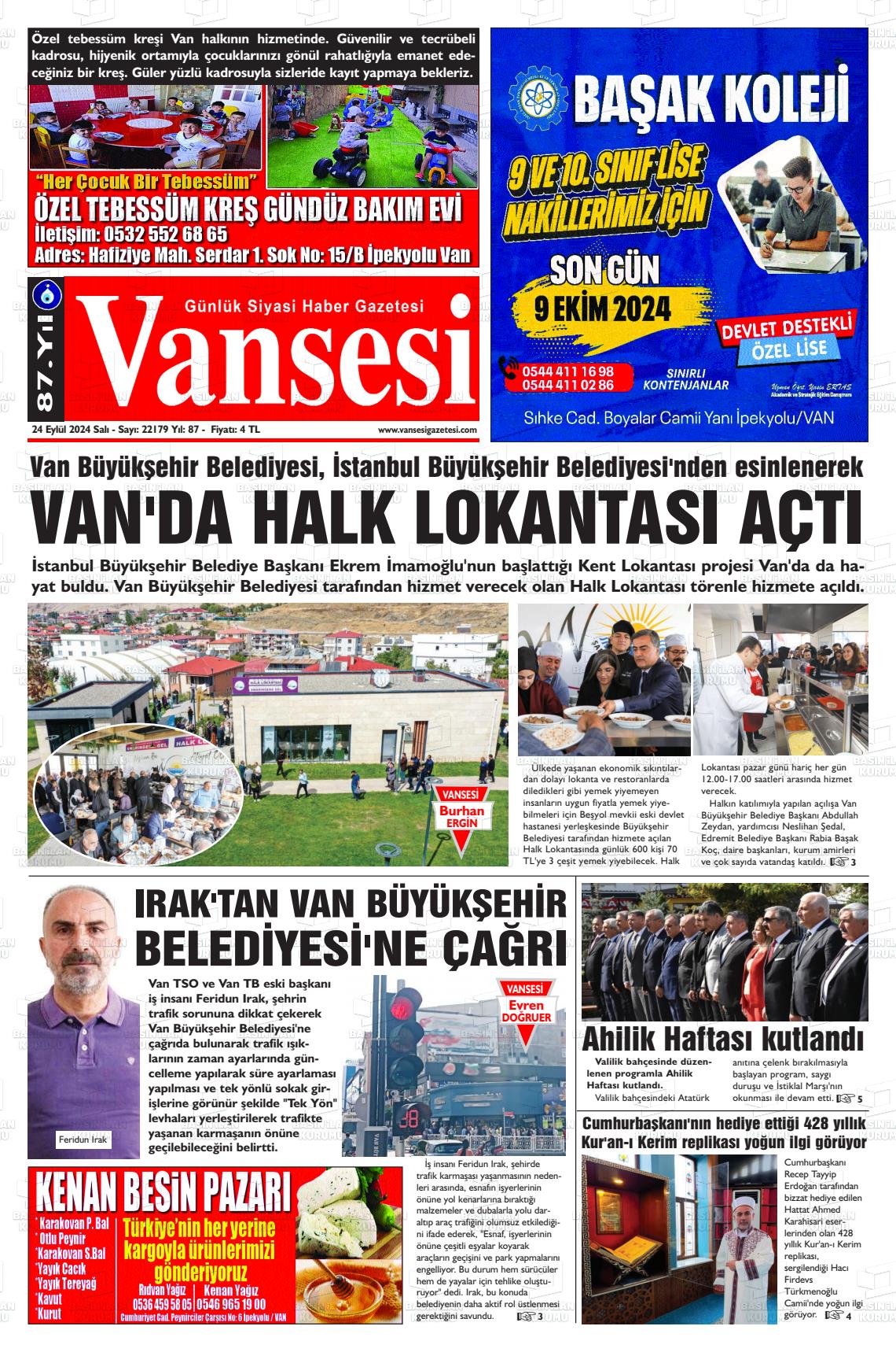 25 Eylül 2024 Vansesi Gazete Manşeti