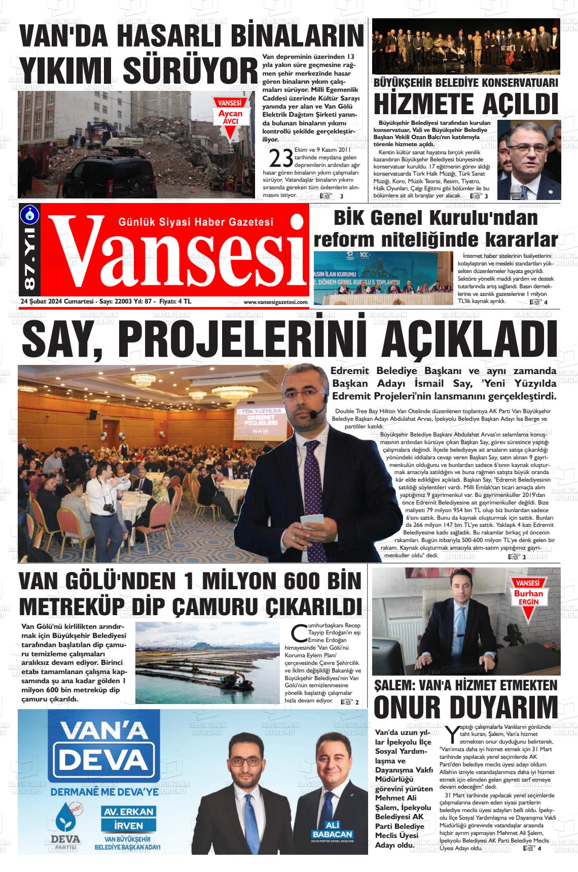 24 Şubat 2024 Vansesi Gazete Manşeti