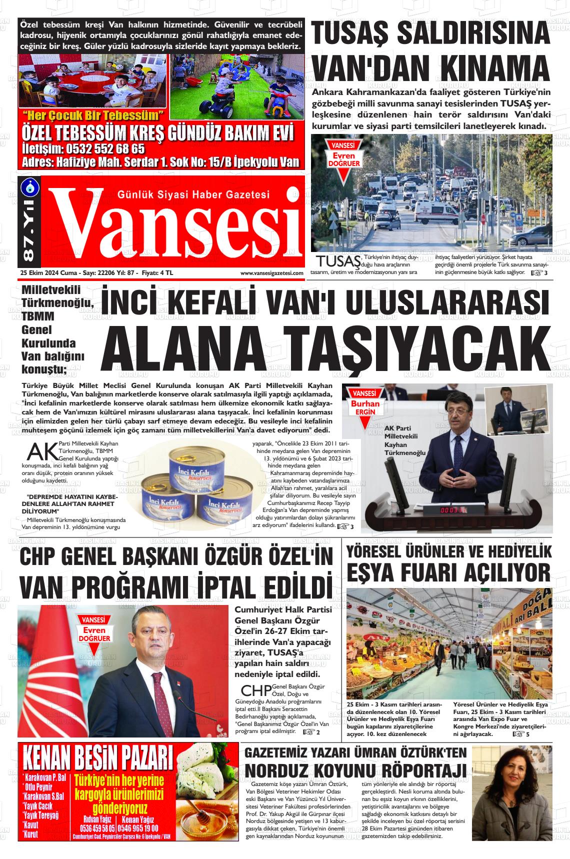 25 Ekim 2024 Vansesi Gazete Manşeti