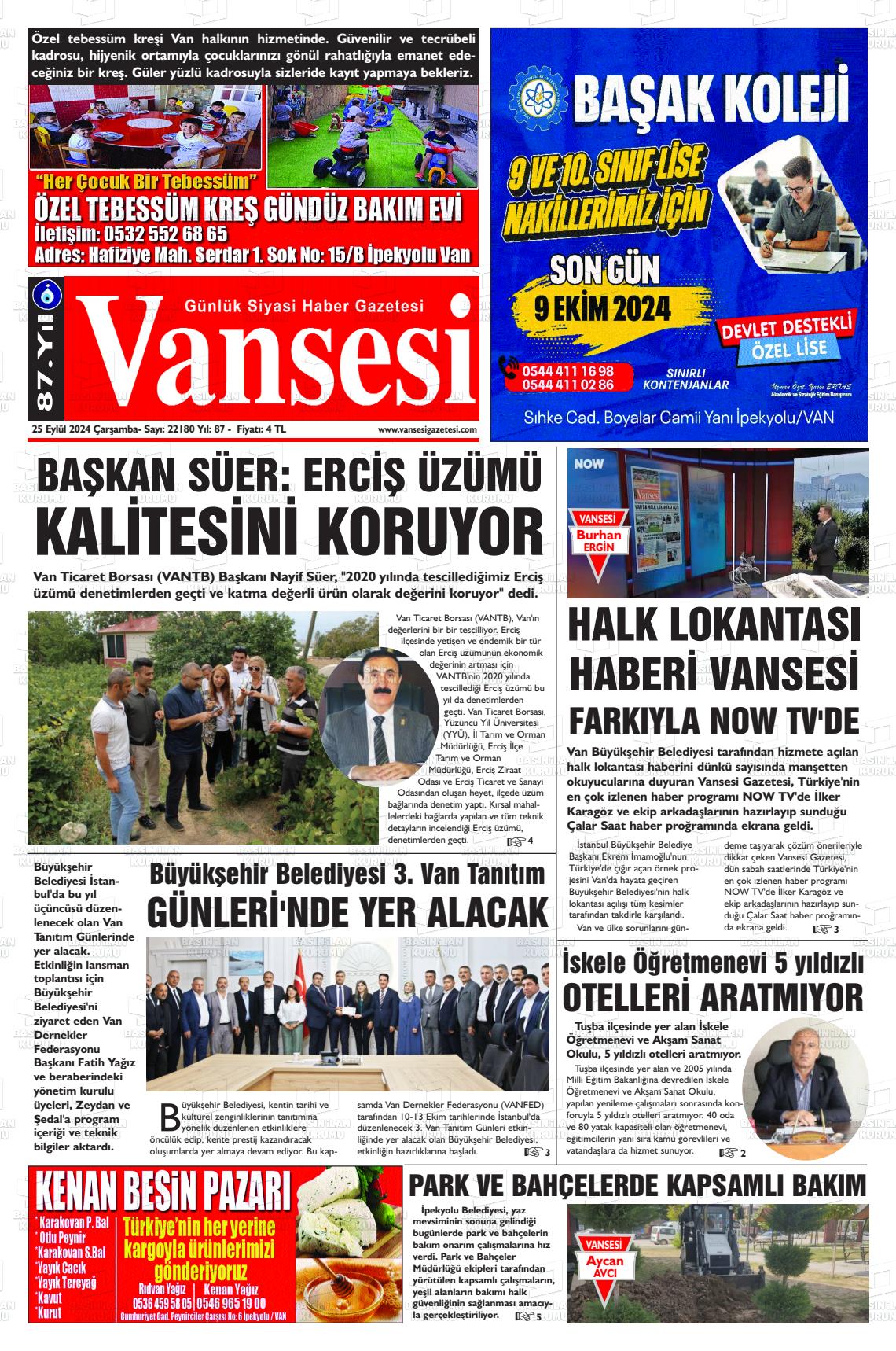 25 Eylül 2024 Vansesi Gazete Manşeti