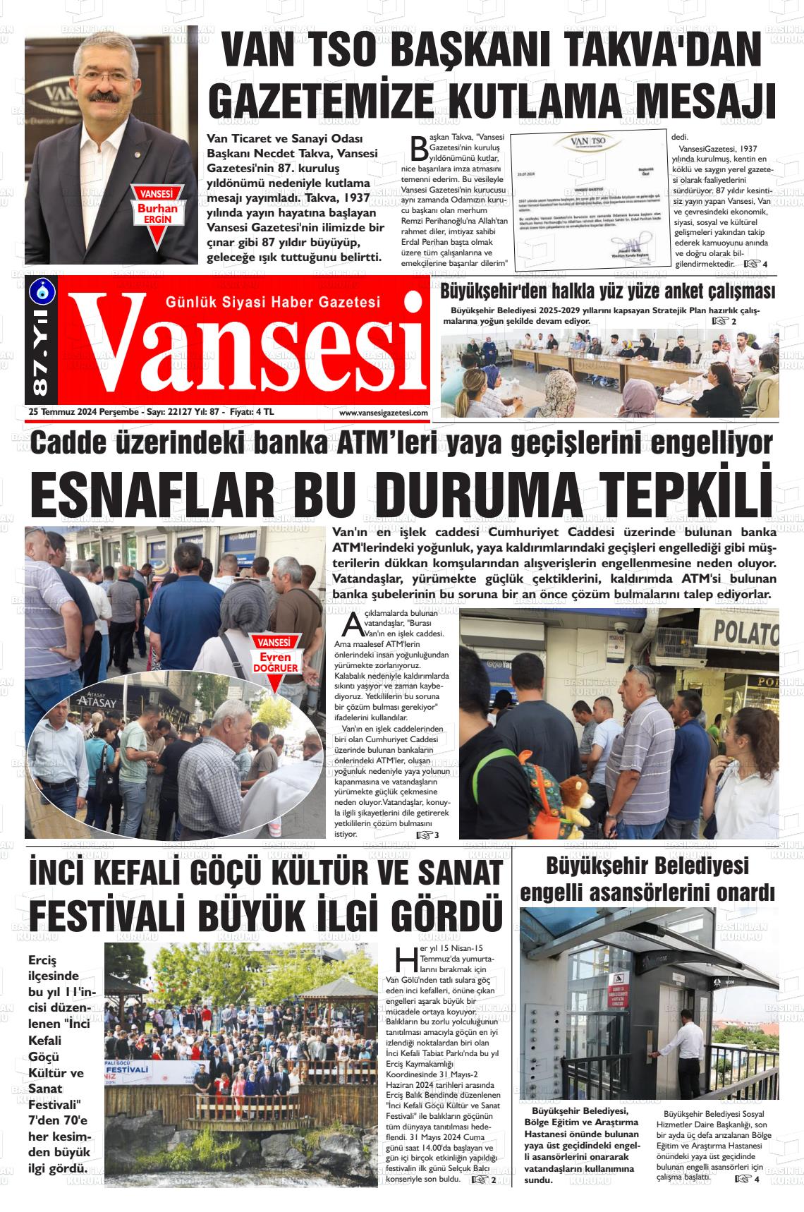 25 Temmuz 2024 Vansesi Gazete Manşeti