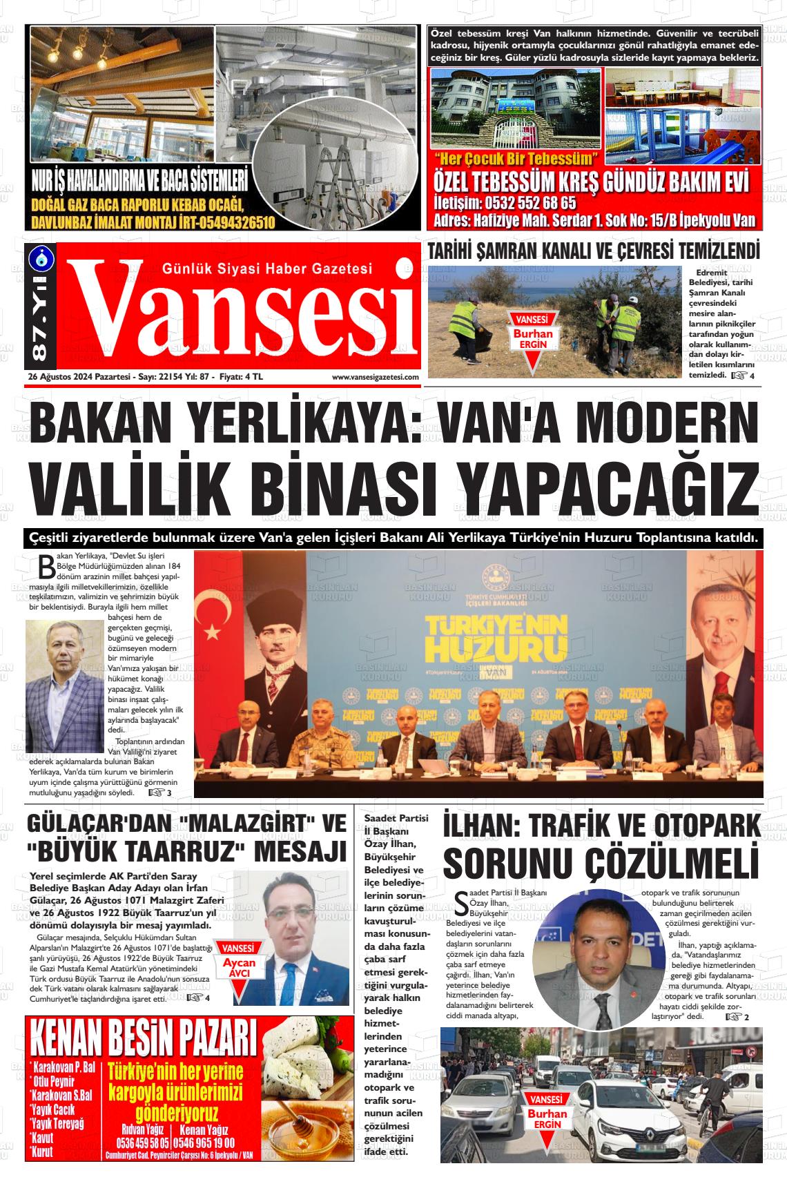 26 Ağustos 2024 Vansesi Gazete Manşeti