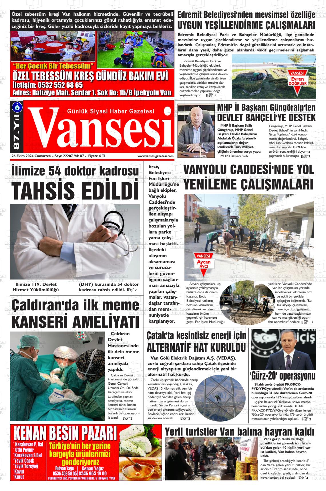 26 Ekim 2024 Vansesi Gazete Manşeti